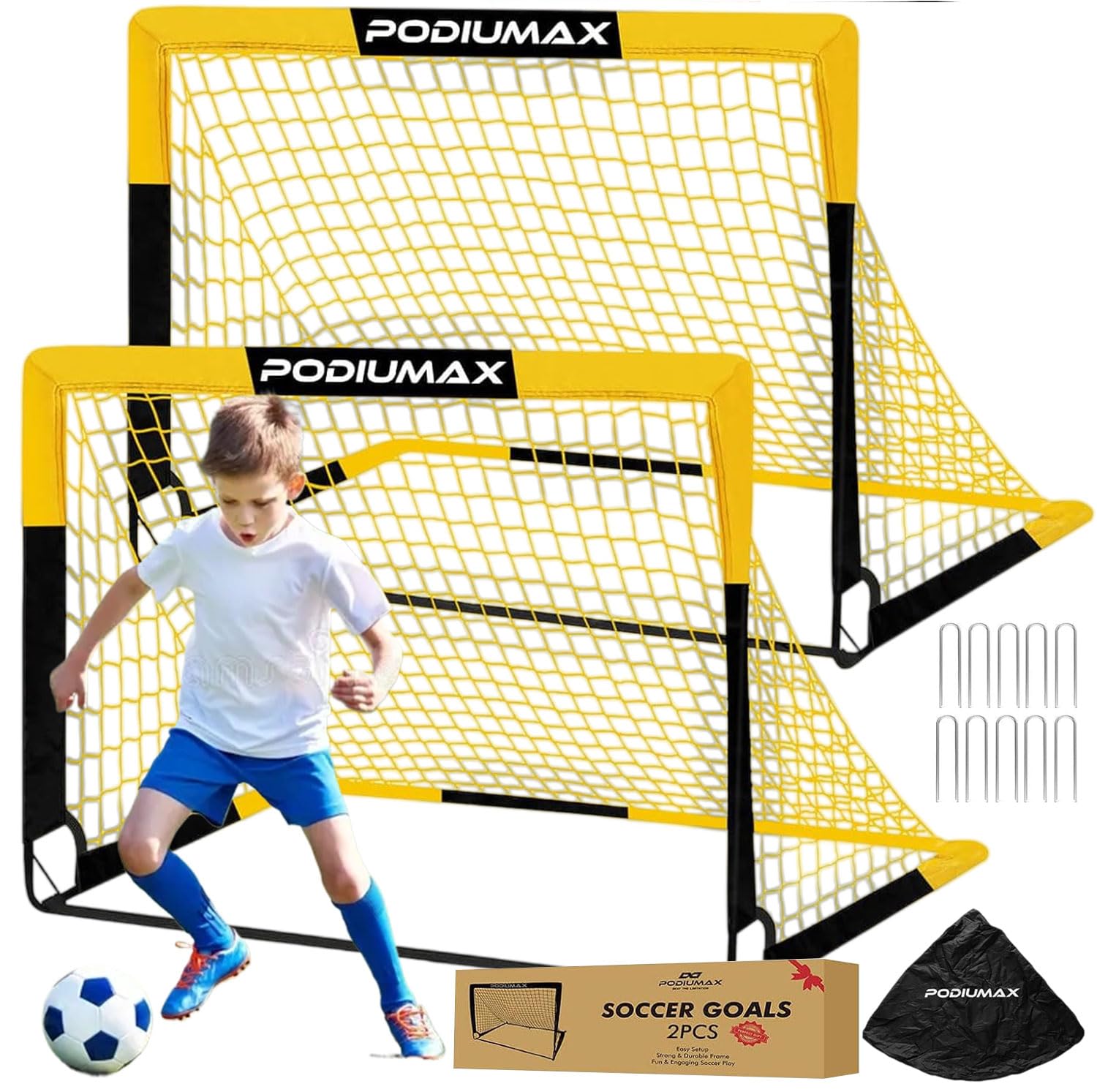 PodiuMax Fußballtor für Kinder im Garten, 2 in 1 Klappbares Pop-Up Fußballtore, Torwandtrainer für Indoor/Outdoor, Fußballtor Trainer mit Tragetasche, 120 * 80 * 80cm