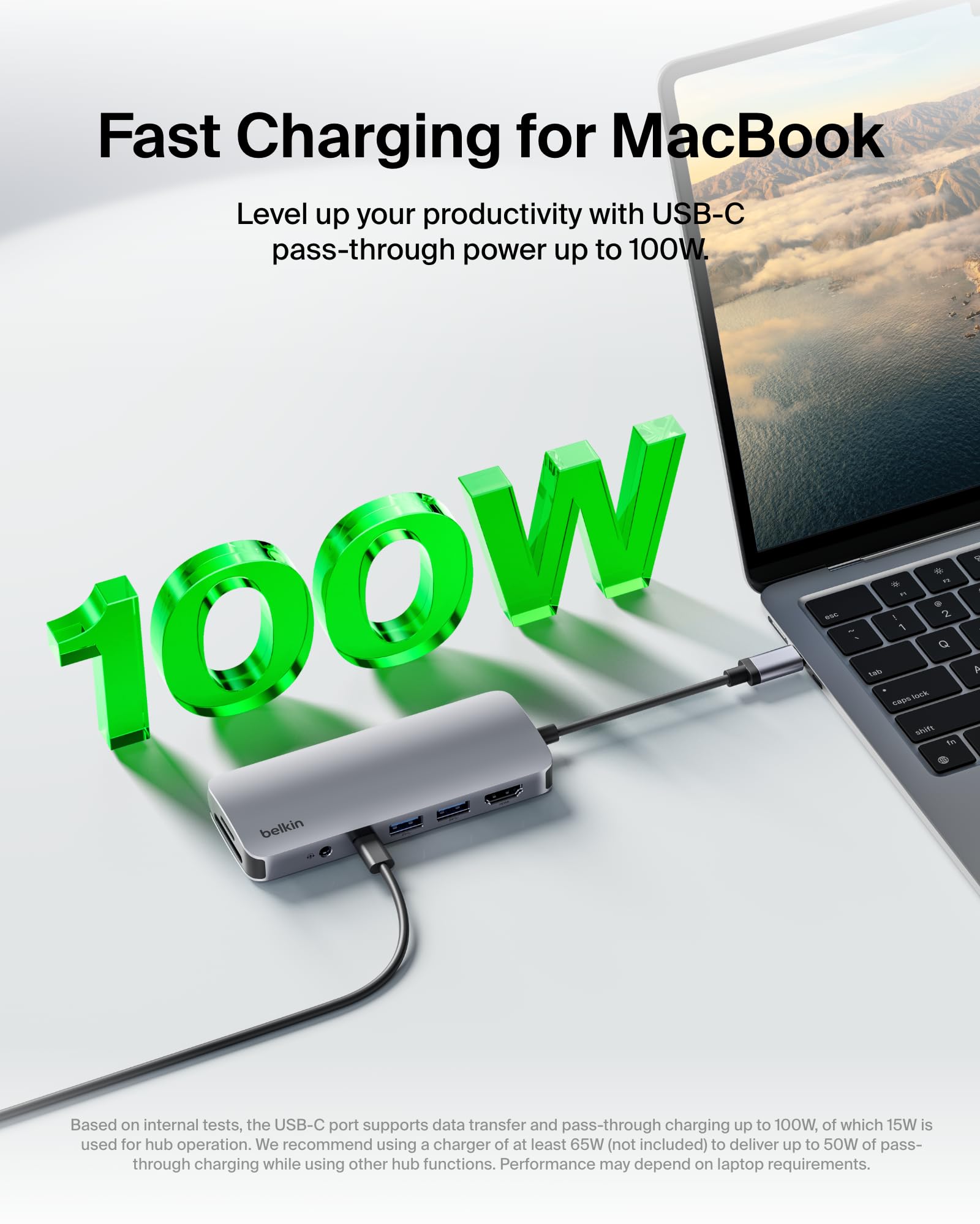 Belkin Hub USB-C, adaptador multipuerto 7 en 1, estación de acoplamiento USB con HDMI 4K, puerto USB-C PD 3.0, 2 puertos USB-A 3.1, ranuras para tarjetas SD y microSD y conector de audio de 3.5 mm