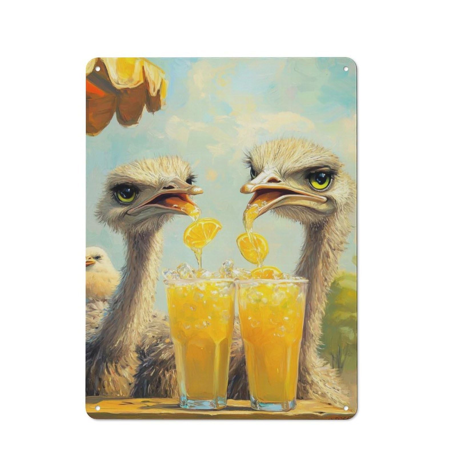 Junmoney Ostriches Enjoying Lemonade Simple Retro Tin Sign 40X30cm Featuring Studio Wall Plaque For Office, Study, Studio Or Hallway