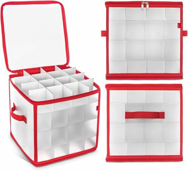 Christmas Baubles Storage Box with Dividers - Stores up to 64 Baubles, Foldable Storage Holder with Handles, Zip Closing, Xmas Ornaments and Decorations Container