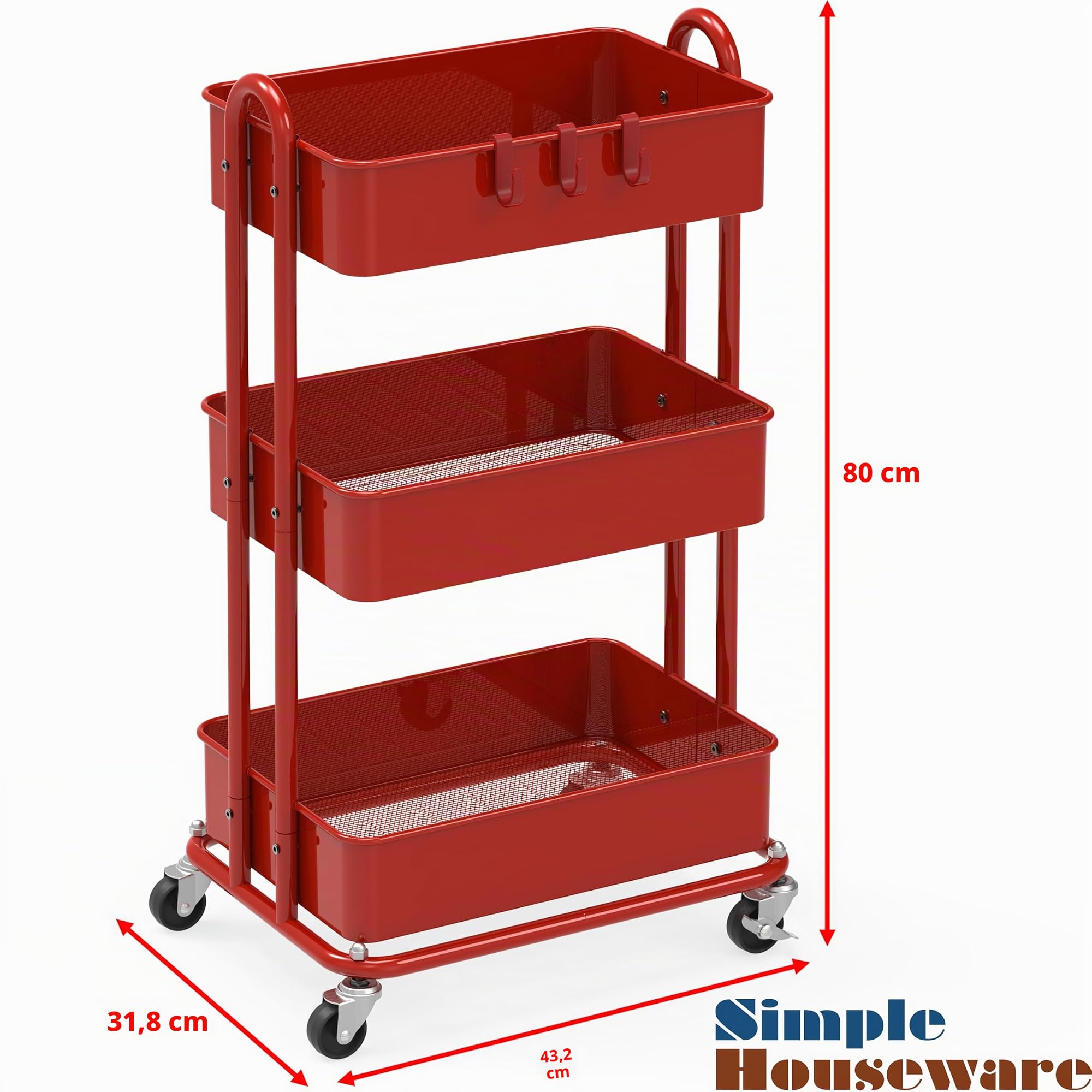 Simple Houseware Hochleistungs-Rollwagen mit 3 Ebenen aus Metall, Rot