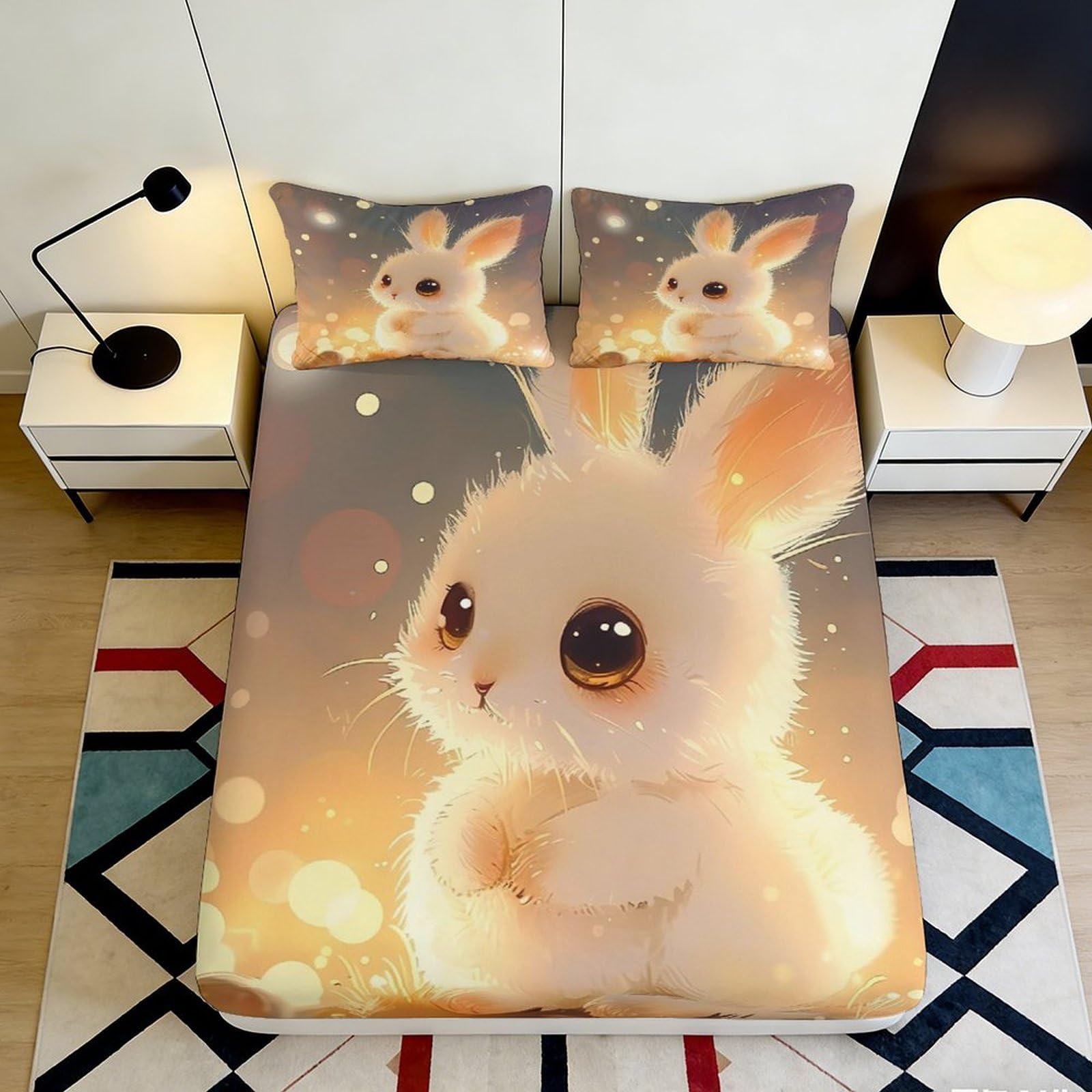 3D Printed Cute Bunny Fitted Sheet Microfiber Deep Pocket Non-Slip Bedroom Bedding Bunny Mattress Fitted Cover Washable for Adults Teens 180x200x25cm