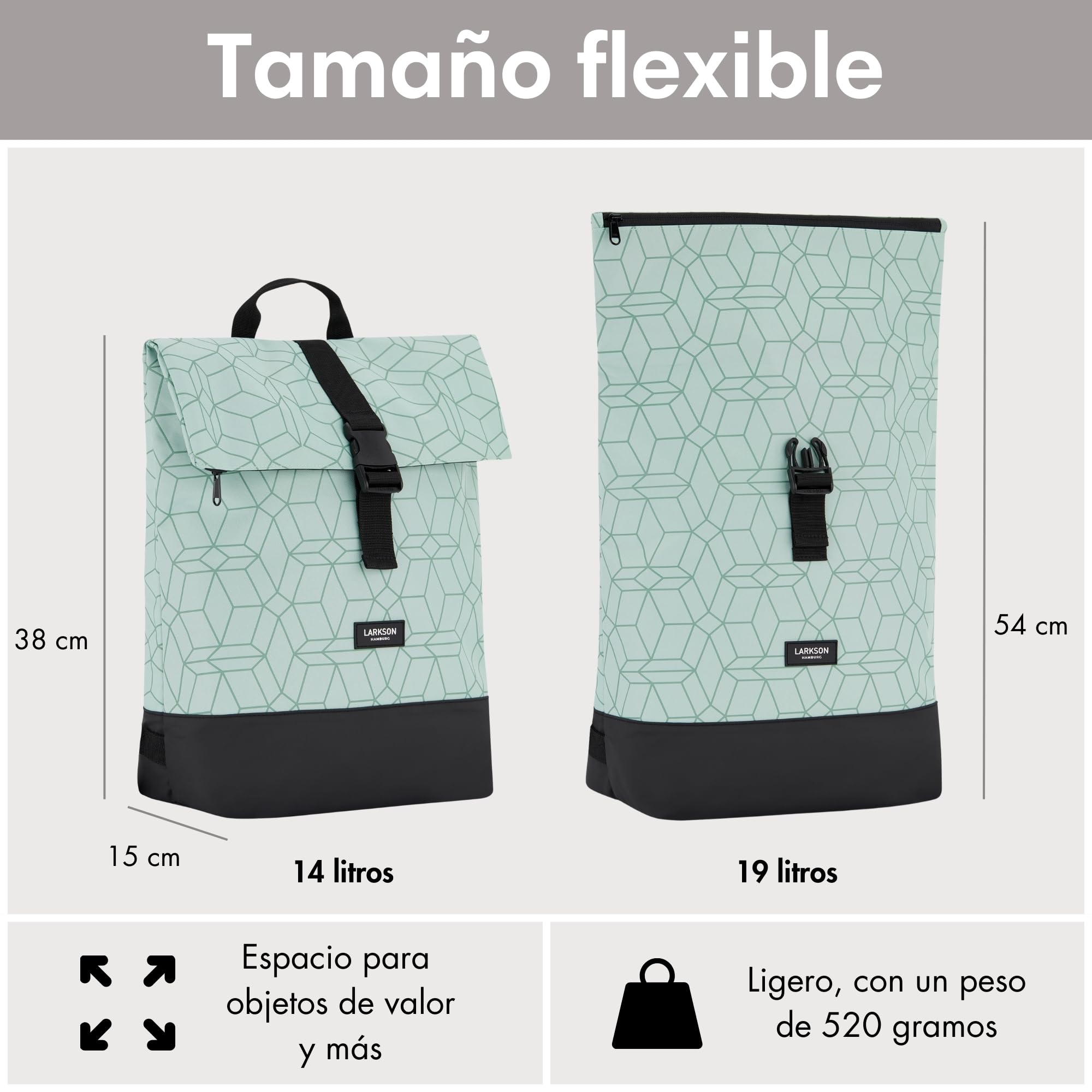 LARKSON Mochila Mujer y Hombre Verde - Tammo - Para Portátiles - Trabajo, Universidad y Viaje - Backpack Enrollable y Ligero - Repelente al Agua