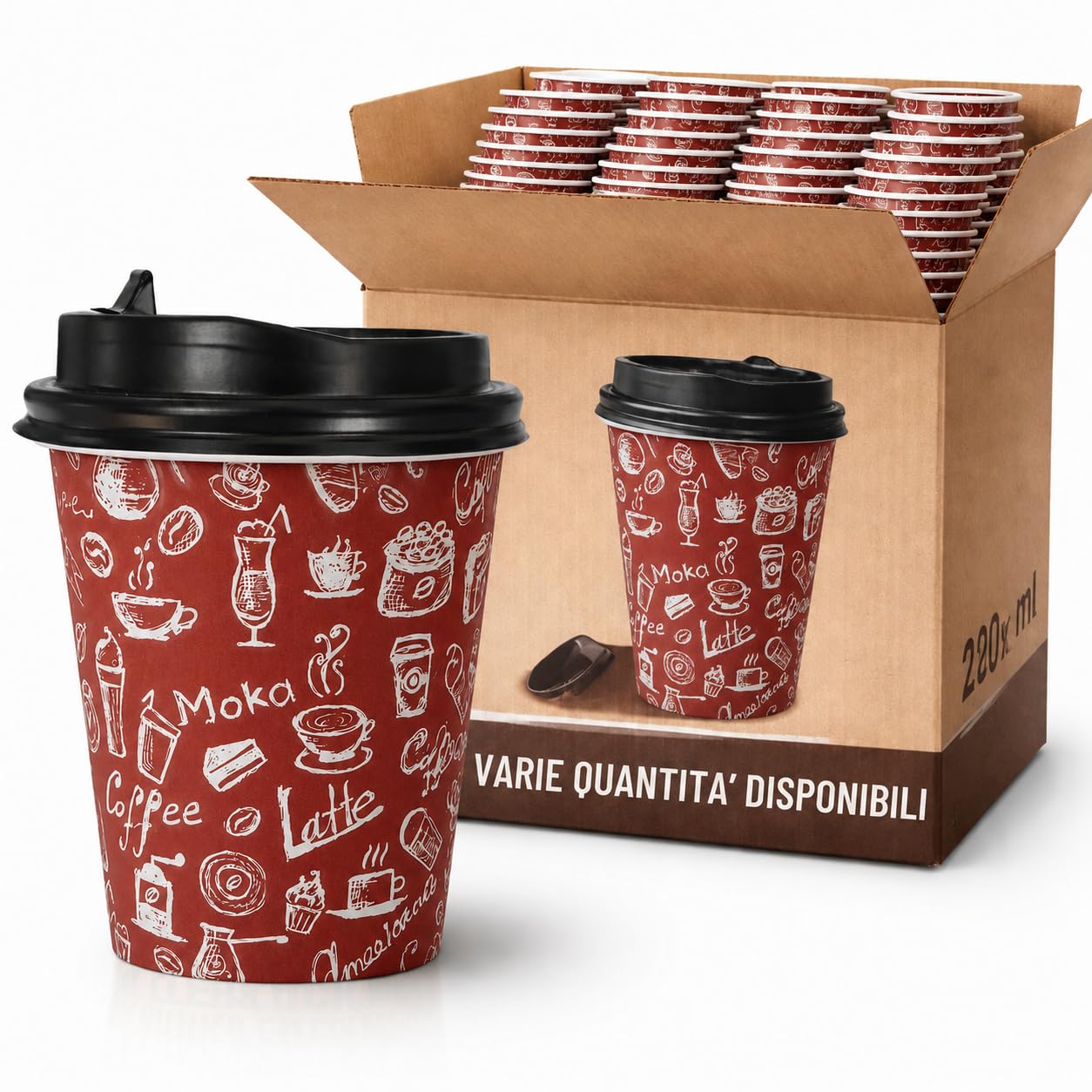 200 Bicchieri di Carta con Coperchio da 240ml - Ideali per Cappuccino, Tè, Caffè - Biodegradabile e Resistenti - Per Bar, Ufficio e Asporto - Design Elegante