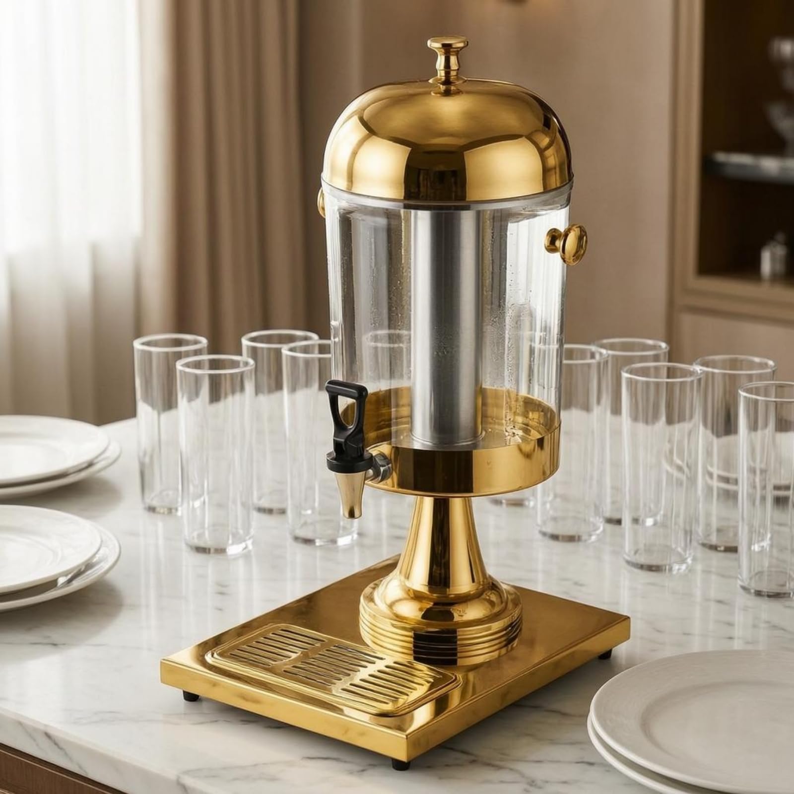 Dispensador Bebida Acero Inoxidable Bandeja Antigoteo Dispensador Bebida con Grifo Dorado