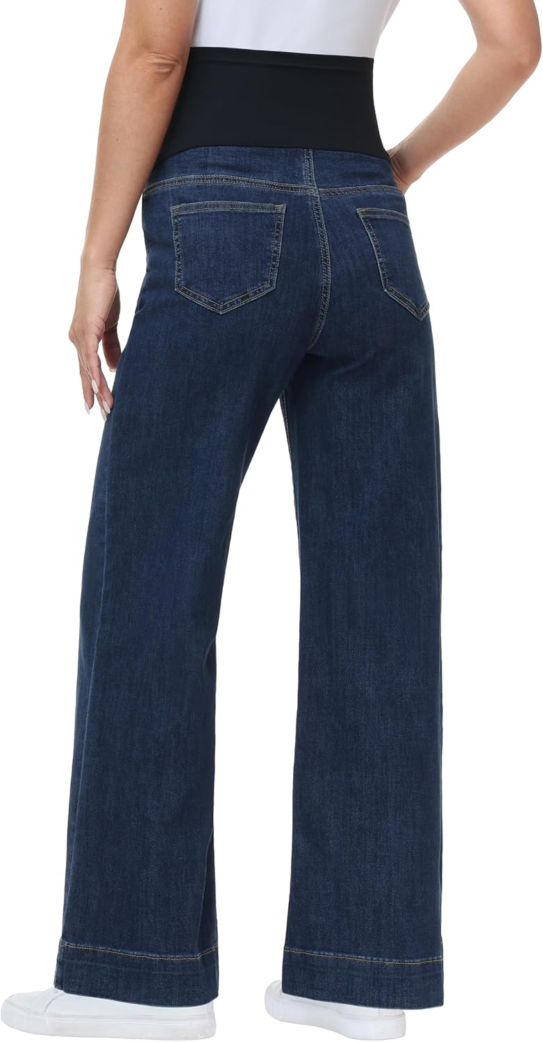 Women's Maternity Jeans Wide Leg Over The Belly Support Stretch Pregnancy Denim Loose Wide Pants with Pockets