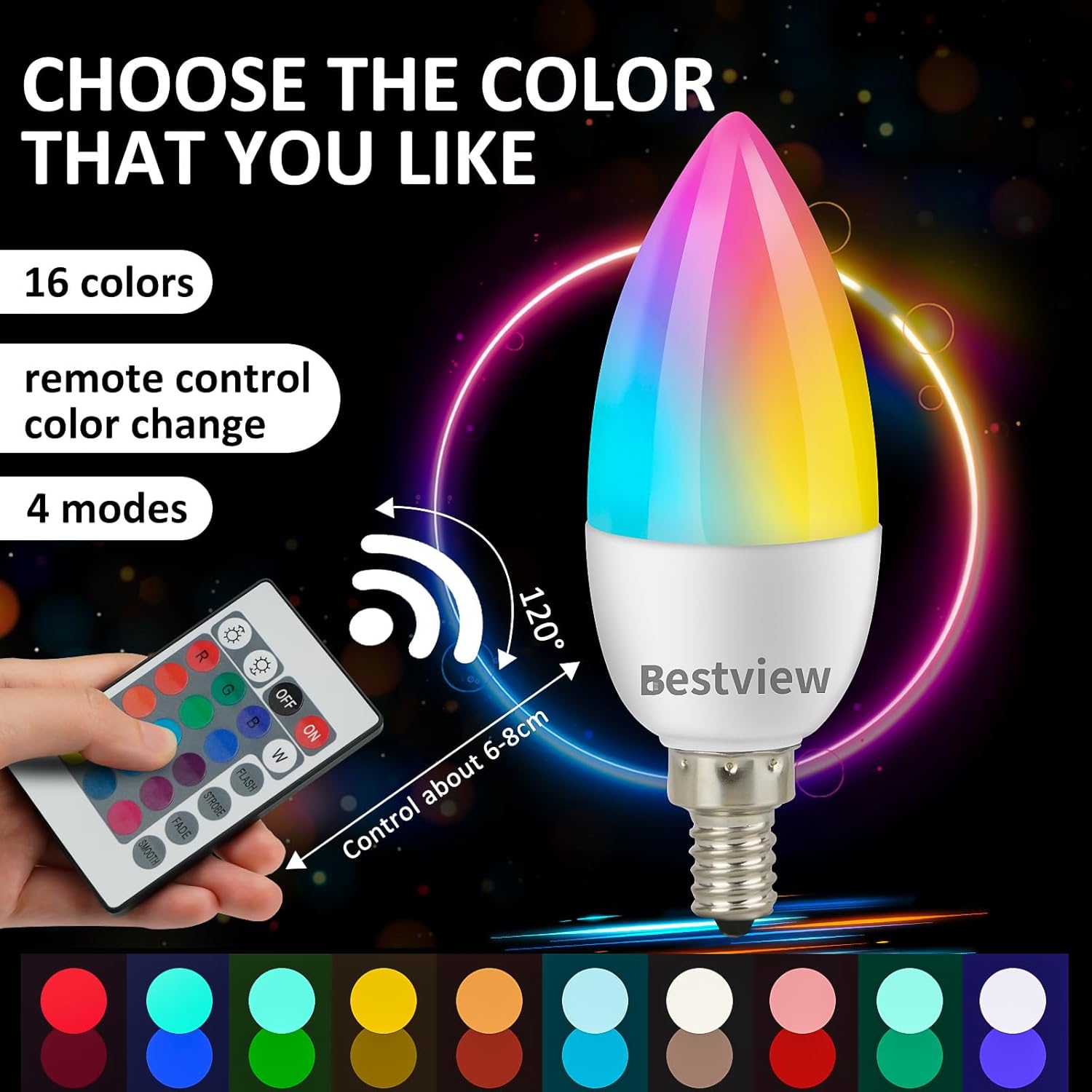 Bestview E12 Color Changing Light Bulbs, Candelabra Multicolor RGB LED Light Bulbs with Remote Control, RGBW White 3W Base,Mood Flood Candle Colored Light Bulb for Home Party Bedroom Outdoor(2PCS)
