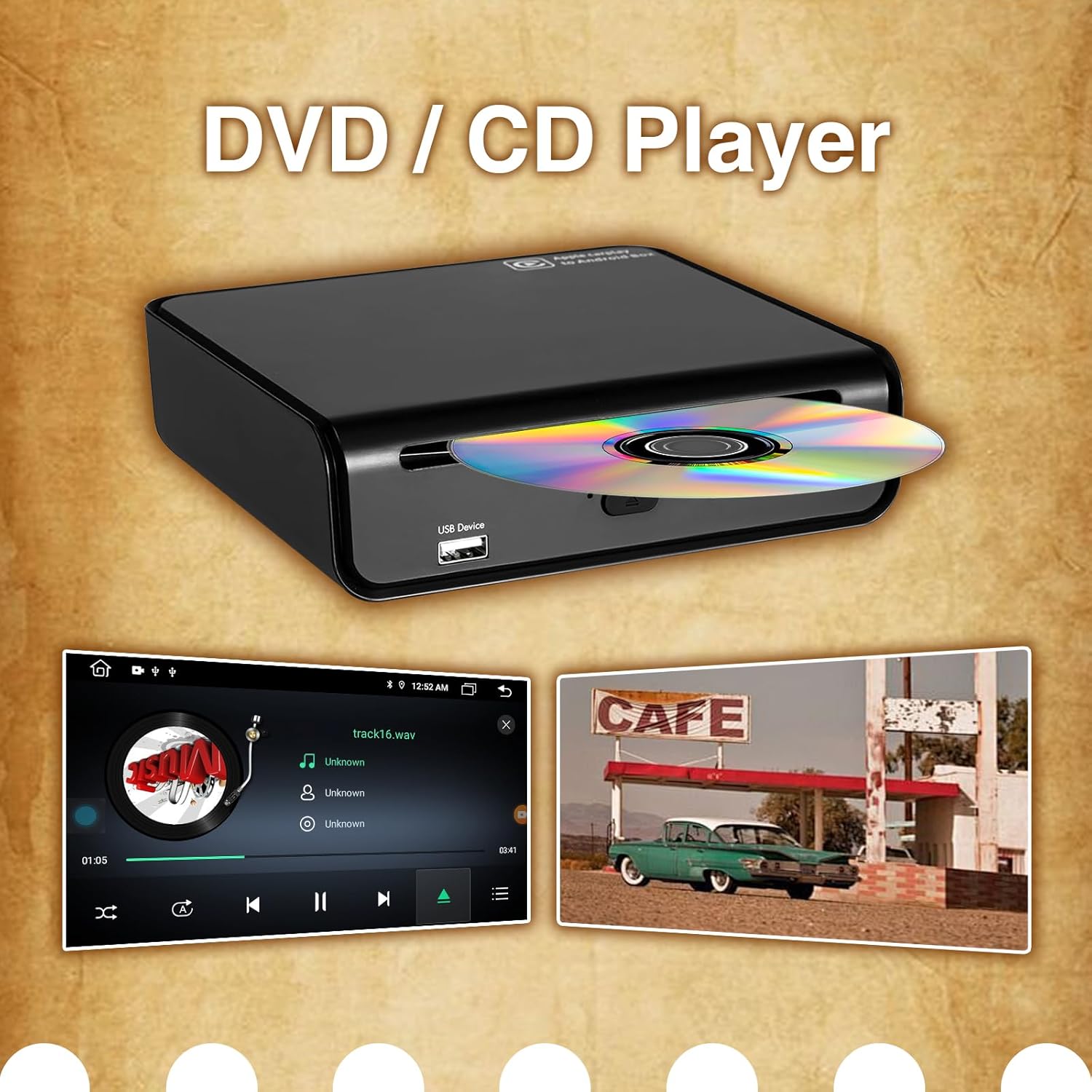 CarPlay CD Player, Android 13 Car Streaming Box Portable CD Player, CarPlay AI Box with Wireless CarPlay & Android Auto, Bluetooth/WiFi, External CD Player for Car (with Wired CarPlay)