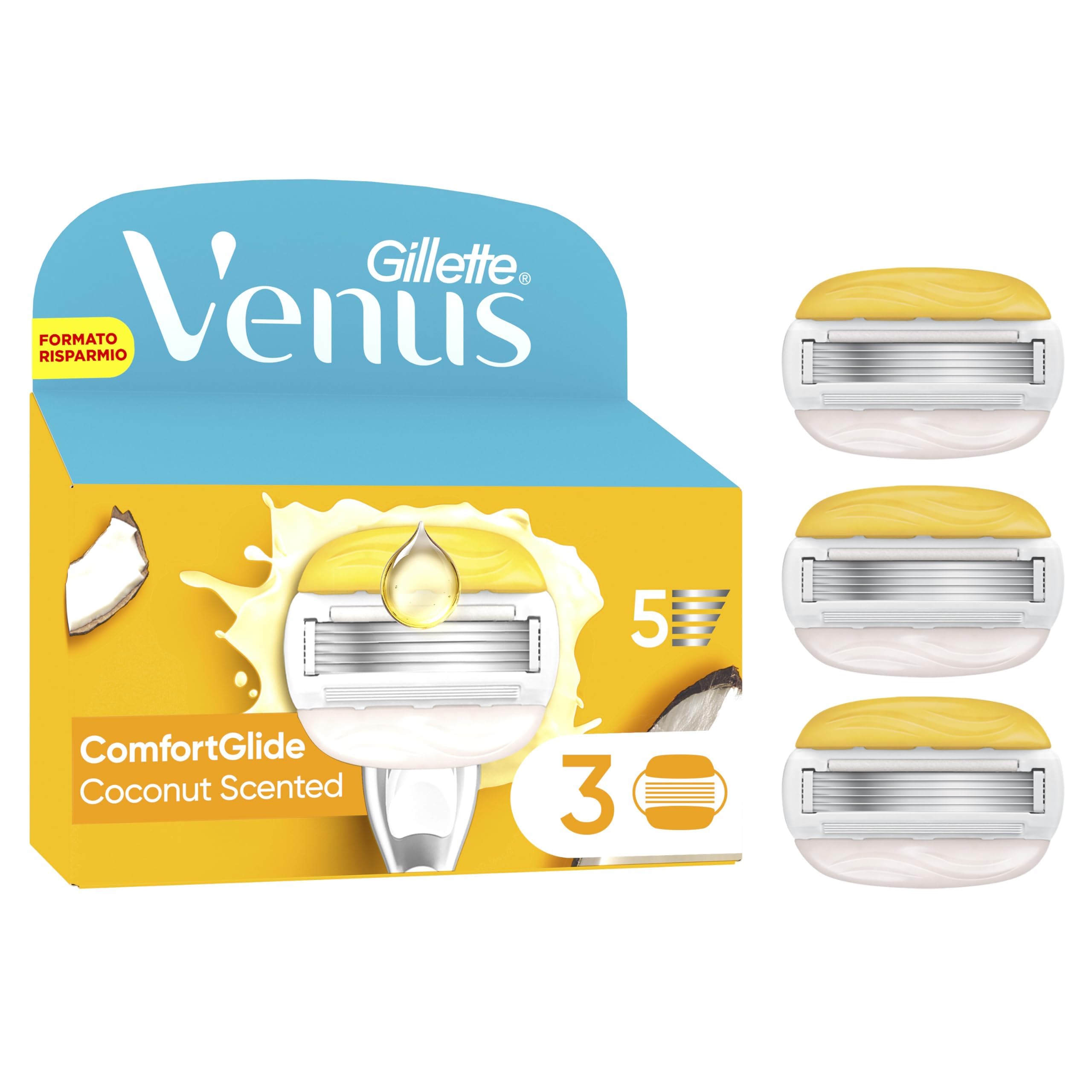 Gillette Venus Comfortglide damskie wymienne lamety do żeńskiej radzicy kokosowej plus Olaz, ostrza (5 ostrzy) do gładkiego, głębokiego golenia, poduszka nawilżająca do skóry Olaz, pomysł na prezent