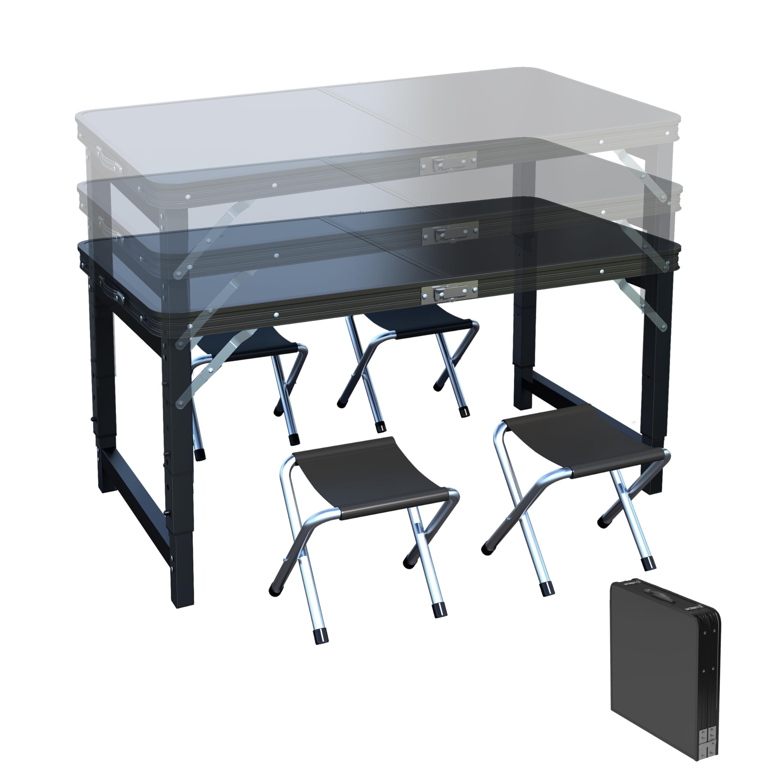 UNICOO® 4ft Portable and Foldable Indoor Outdoor Camping Table with 4 Chairs Set, Adjustable Height Dining Table, Multifunctional Folding Utility Camp Table for Camping and Parties (Midnight Black)