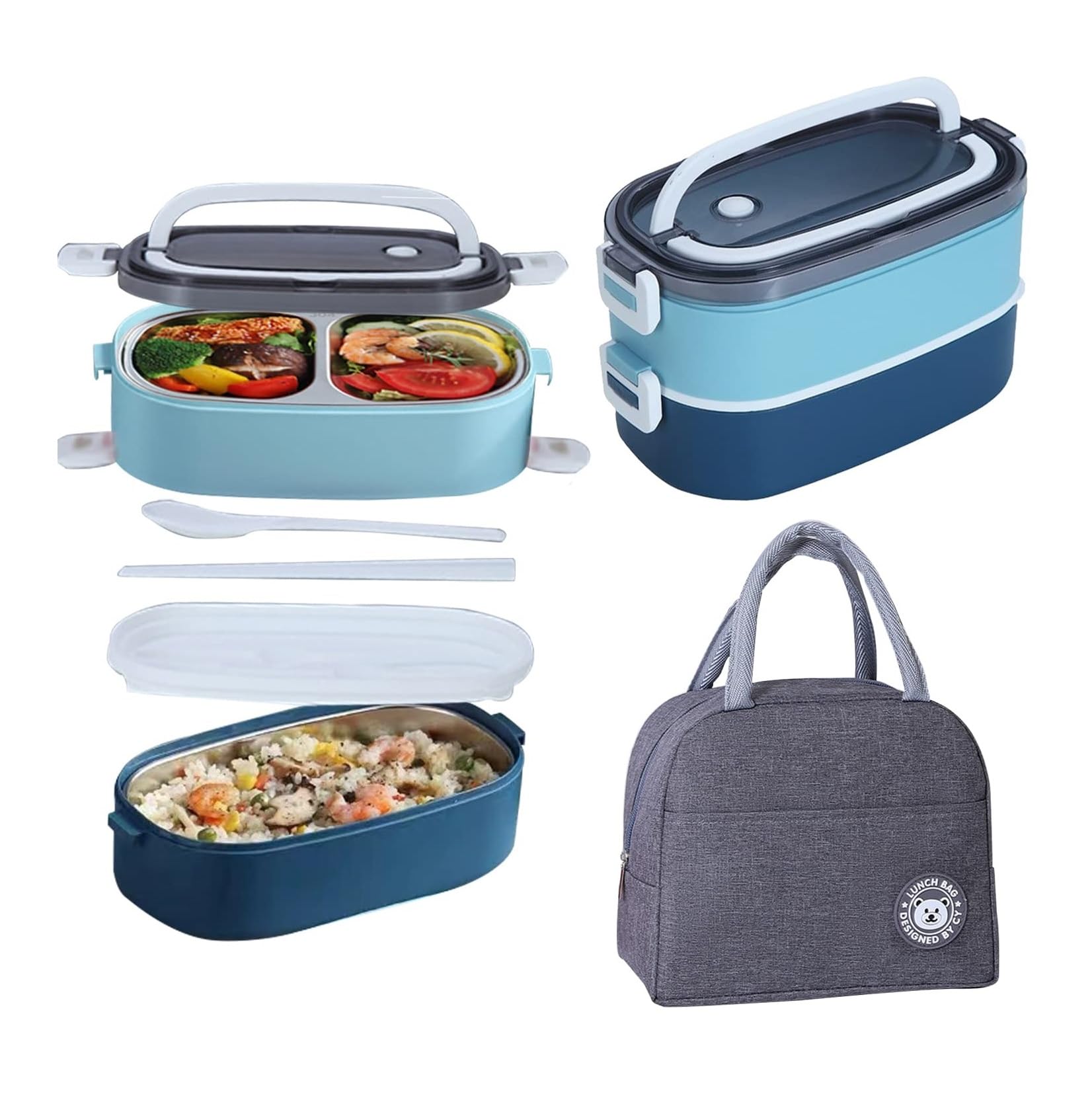 Bento Lunch Box with Bag - Stainless Steel Lunch Box, Food Container with Utensils and Handle, Lunch Box For Kids And Adults– BPA-Free and Food-Safe Materials (Blue)