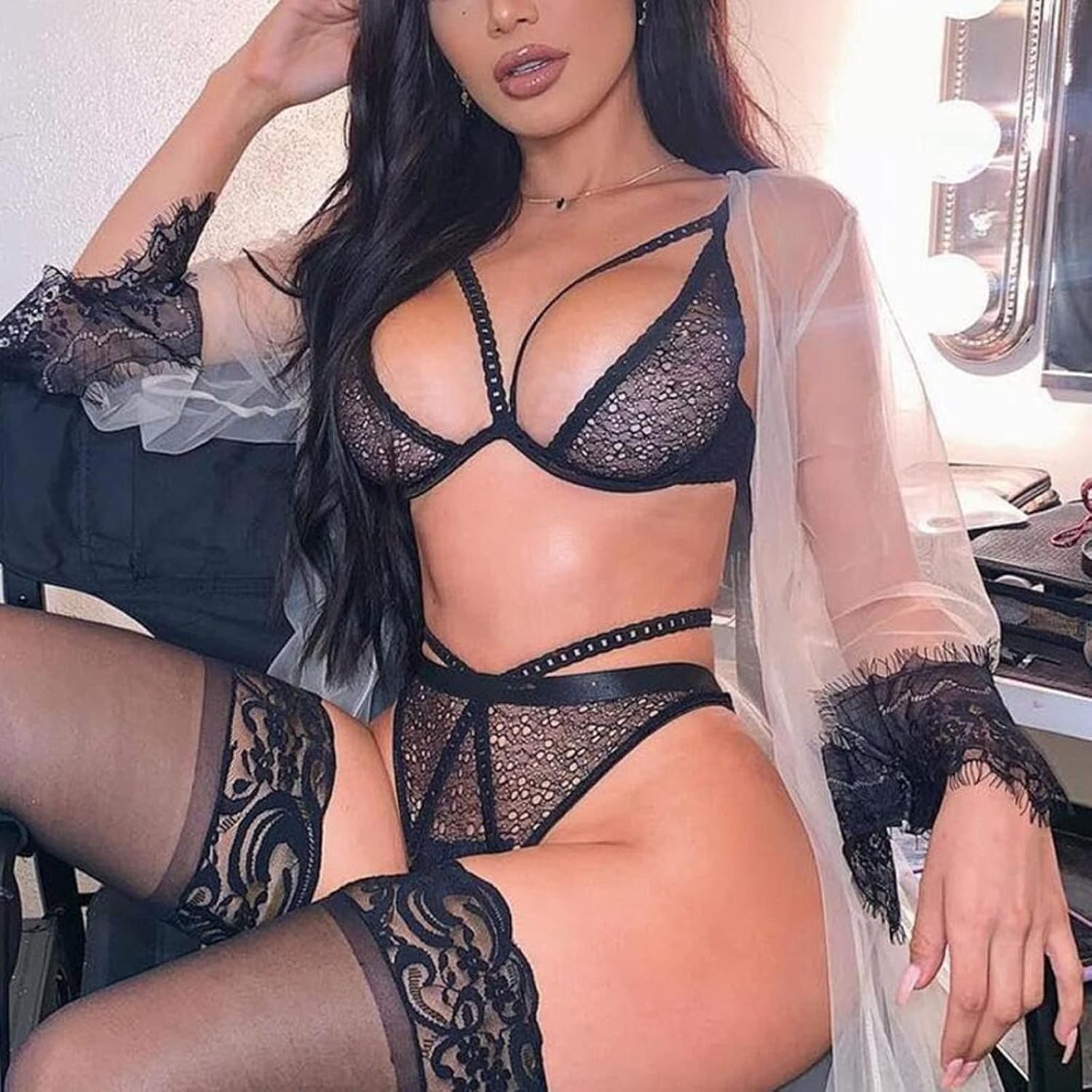 Lingerie Nightwear Plus Size Cut Out Bra Pantiestransparent Lace Lingeriecostumes