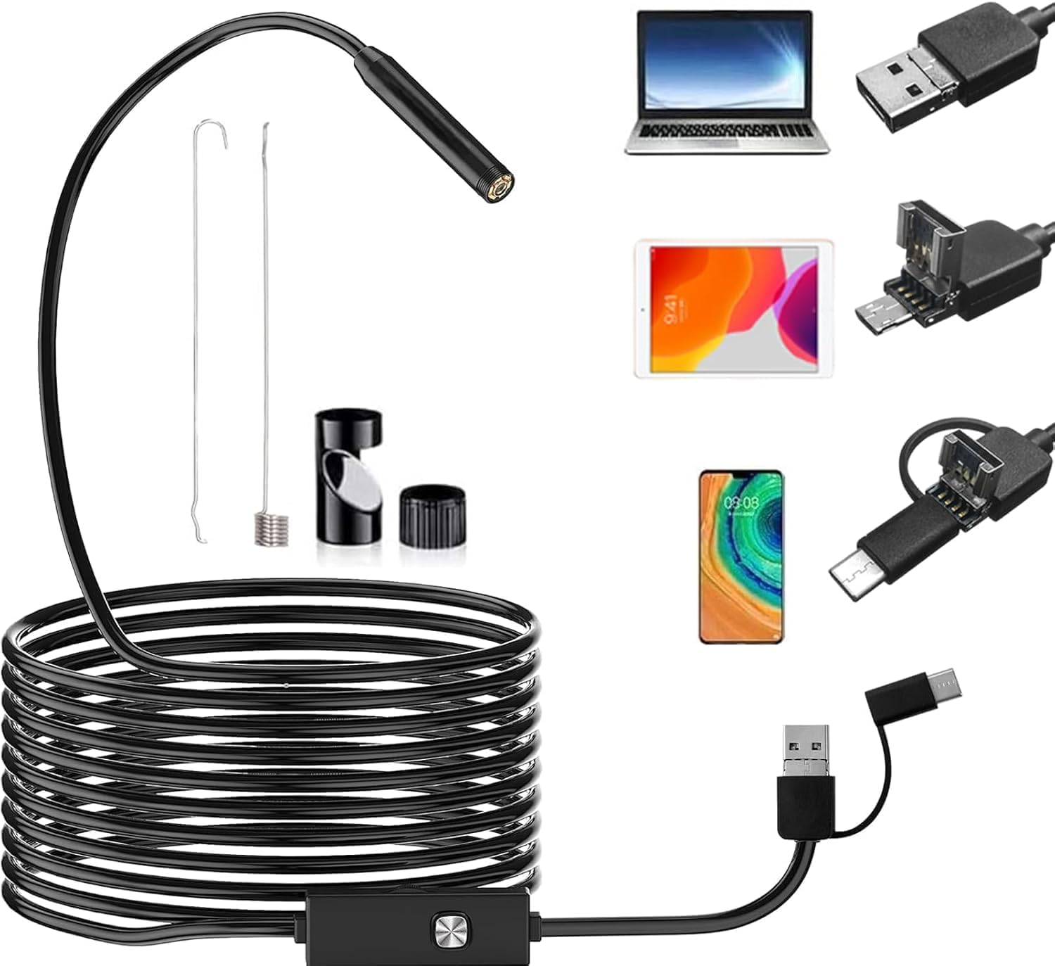 Clefairy Endoscope Inspection Camera with Light, USB Wireless Single Lens Borescope Snake Camera with LED Lights, 5.5mm IP67 Waterproof Semi Rigid Cable for Android, Tablet, PC (6.5FT)