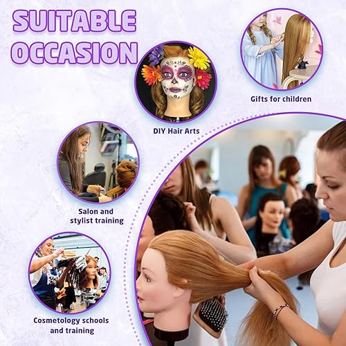 Miniatura 7 de Firstwon - Cabeza de maniquí de 20-22 pulgadas con 100% cabello humano real, muñeca para cosmetología y peluquería, para práctica de peinado