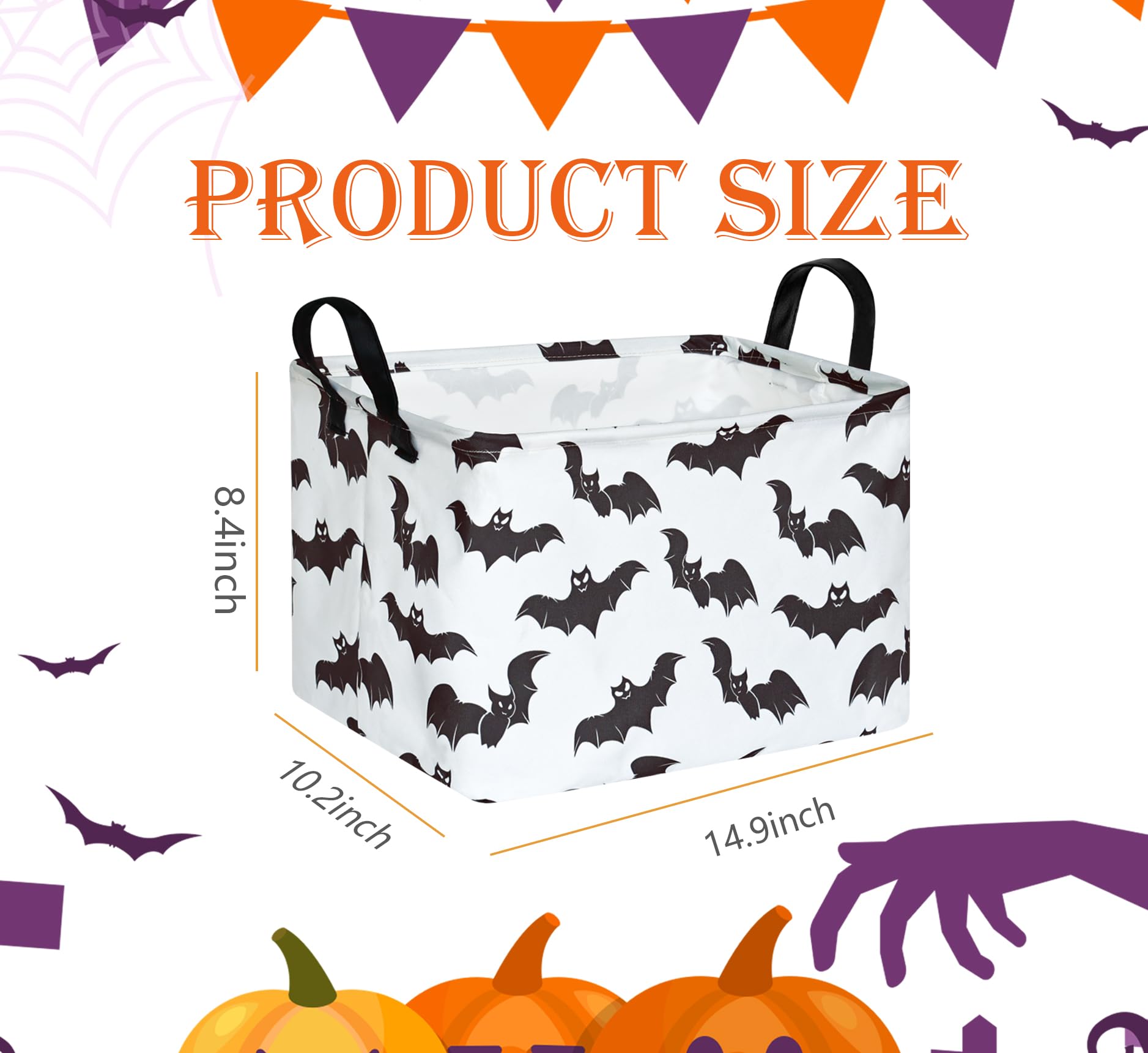 FUULOXE Halloween Bat Storage Basket with Handles Open Gifts&Candy Spooky Basket stuffers for Kids Baby Collapsible Women Organizer Bins Toys Boxes for Shelves Home Office