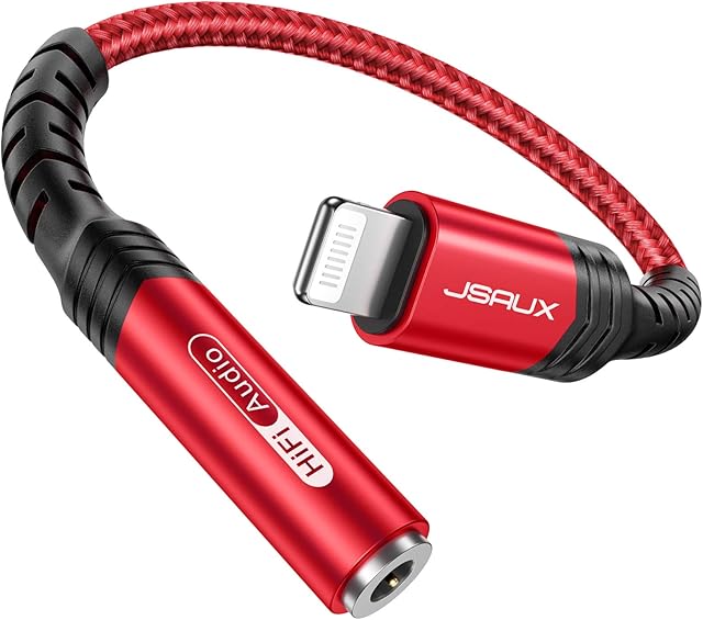 Lightning to 3.5mm Headphone Jack Adapter, JSAUX [Apple MFi Original Chip] iPhone Headphone Jack Aux Adapter Compatible with iPhone 14/14 Pro/14 Pro Max/ 13/ 12/ 11/ XR/ XS/ X/ 8/ 7, iPad iPod-Red