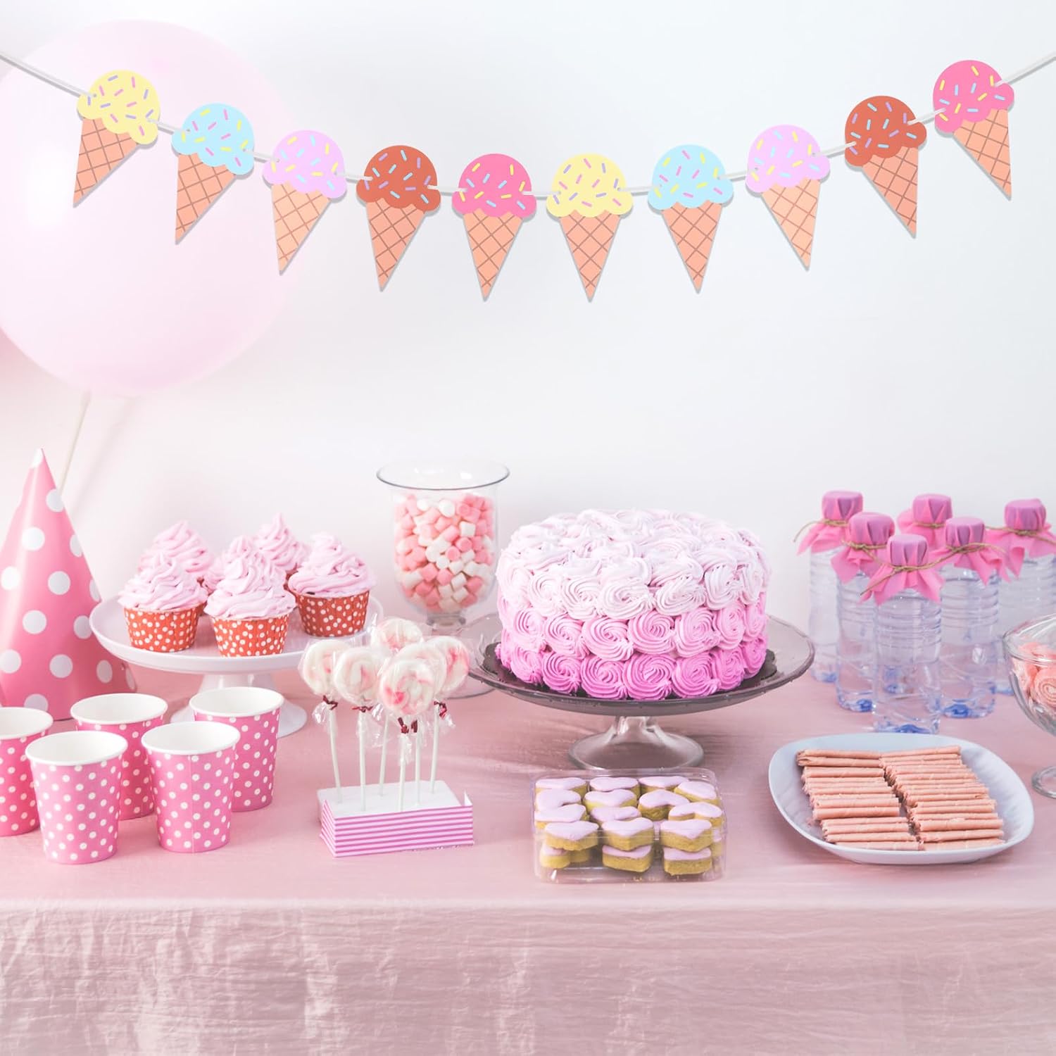 2 Pcs Ice Cream Banner Garland, Ice Cream Party Decorations Paper Banner Garland Hawaii Beach Summer Baby Shower Birthday Wedding Party Backdrop Decoration Supplies