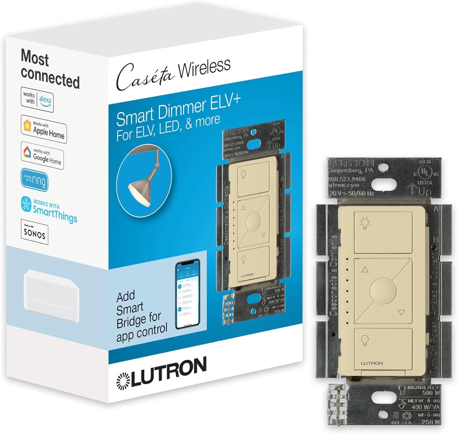 Lutron Caseta Original Smart Dimmer Switch ELV+ (Lutron Hub Required), 250W LED, Single-Pole/3-Way, Neutral Required, PD-5NE-IV, Ivory
