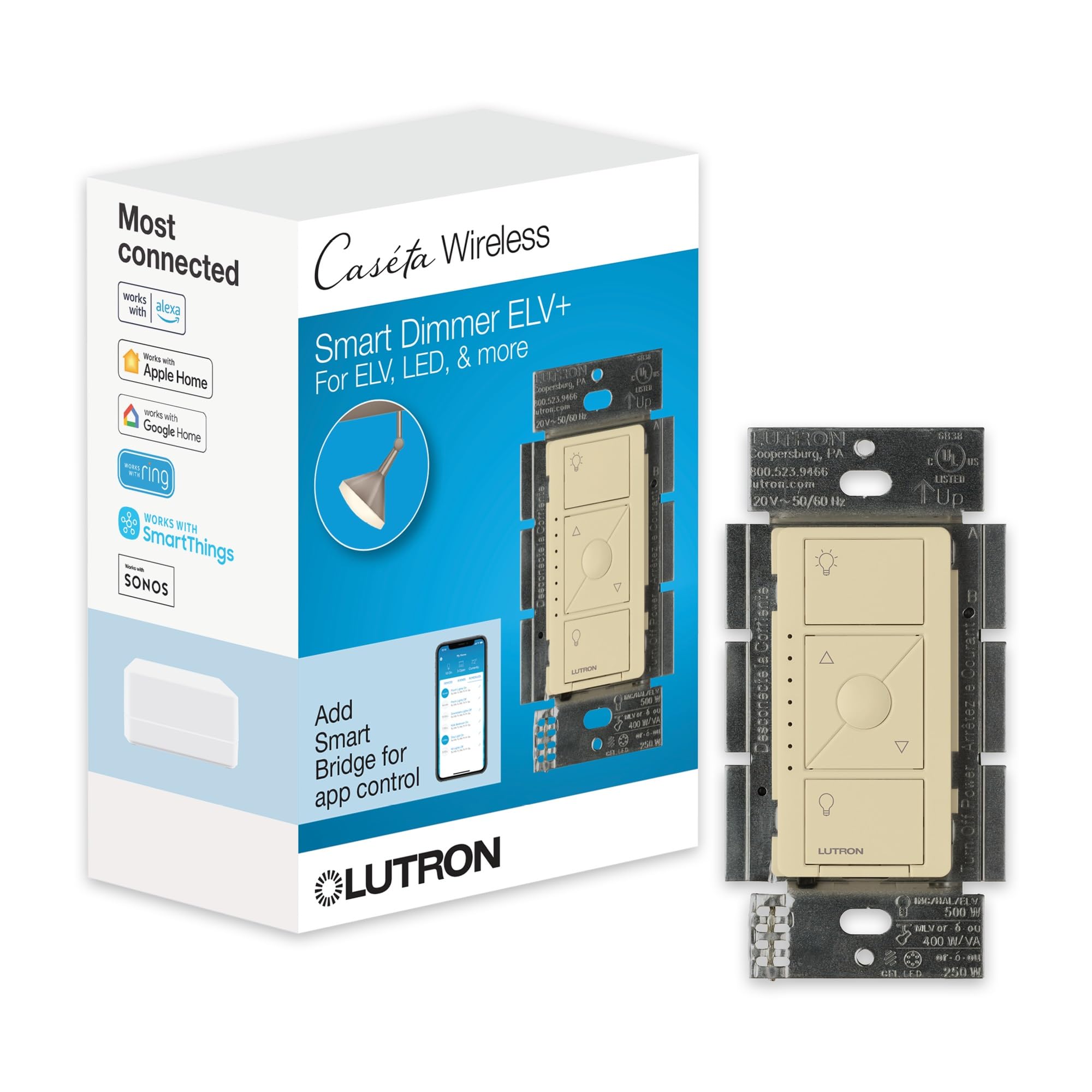Lutron Caseta Original Smart Dimmer Switch ELV+ (Lutron Hub Required), 250W LED, Single-Pole/3-Way, Neutral Required, PD-5NE-IV, Ivory Ivory 1 Pack ELV Dimmer