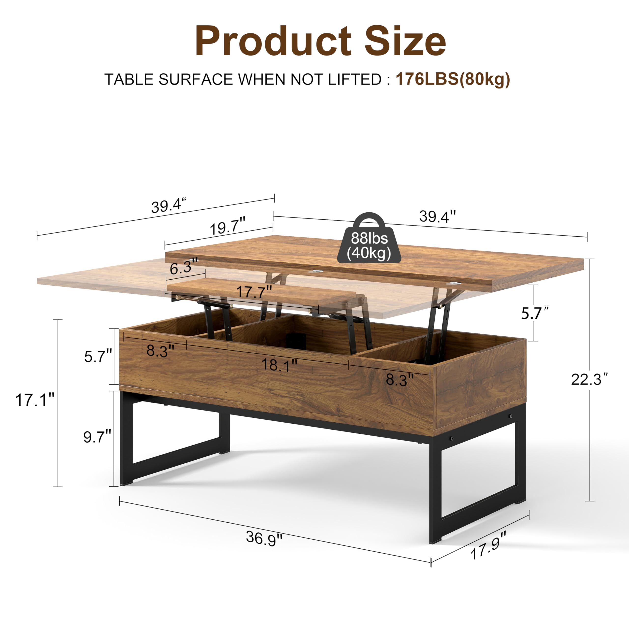 Manora Table basse multifonction convertible en table de salle à manger ou poste de travail pour salon, bureau à domicile, design compact avec rangement caché, marron