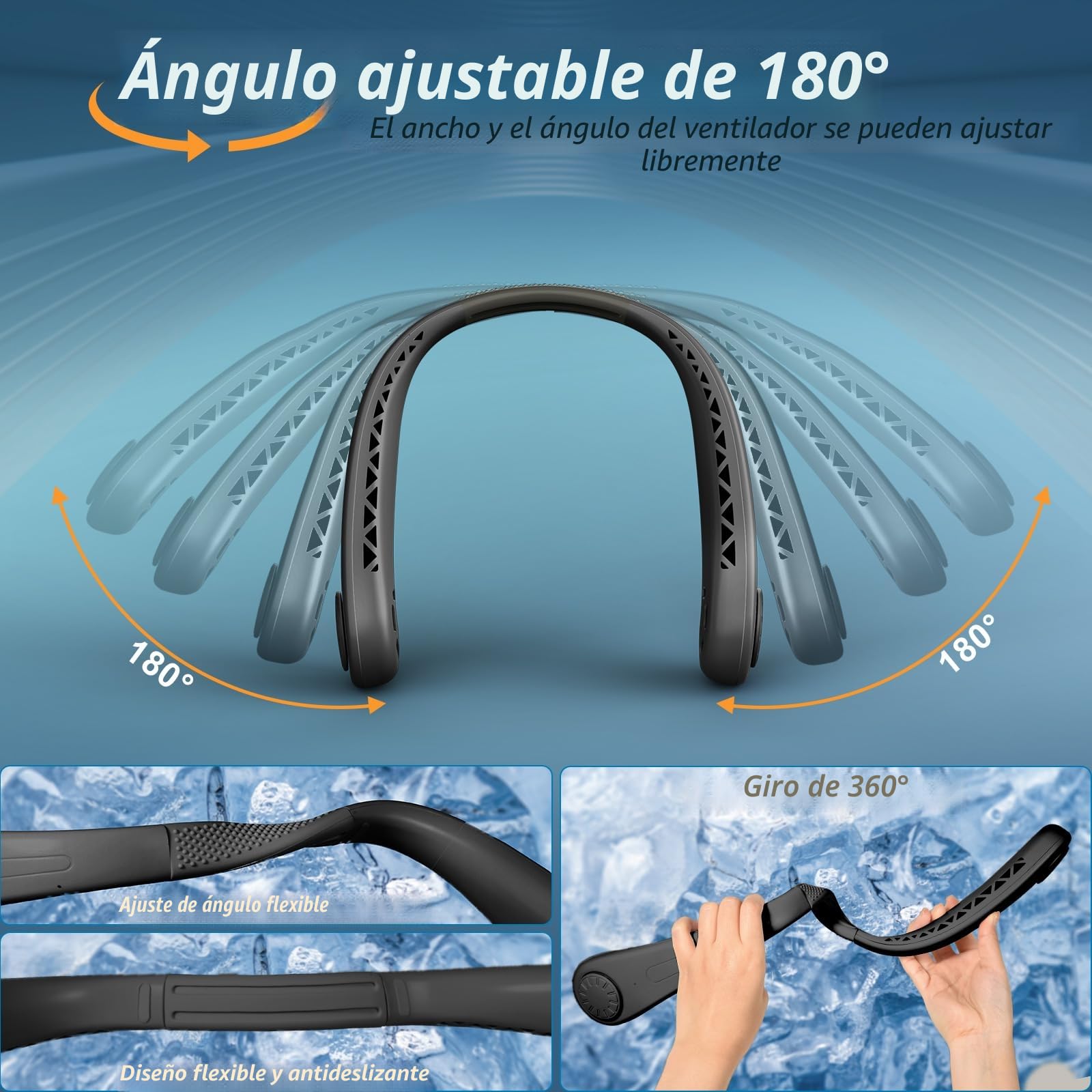 Ventilador de cuello portátil, ventilador sin aspas manos libres, ajuste de 3 velocidades, recargable, ventilador de cuello alimentado por USB para el hogar, oficina, viajes (Negro)