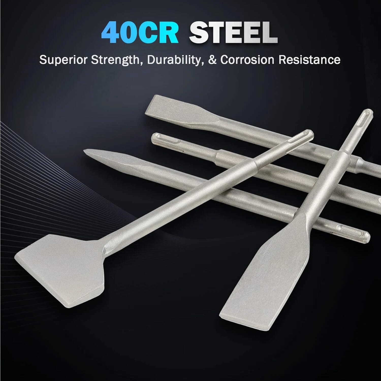 Juego de 6 cinceles SDS Plus de acero 40Cr para martillo rotativo para mampostería y hormigón, para azulejos, ranurado, raspado, cinceles de escala de punta plana