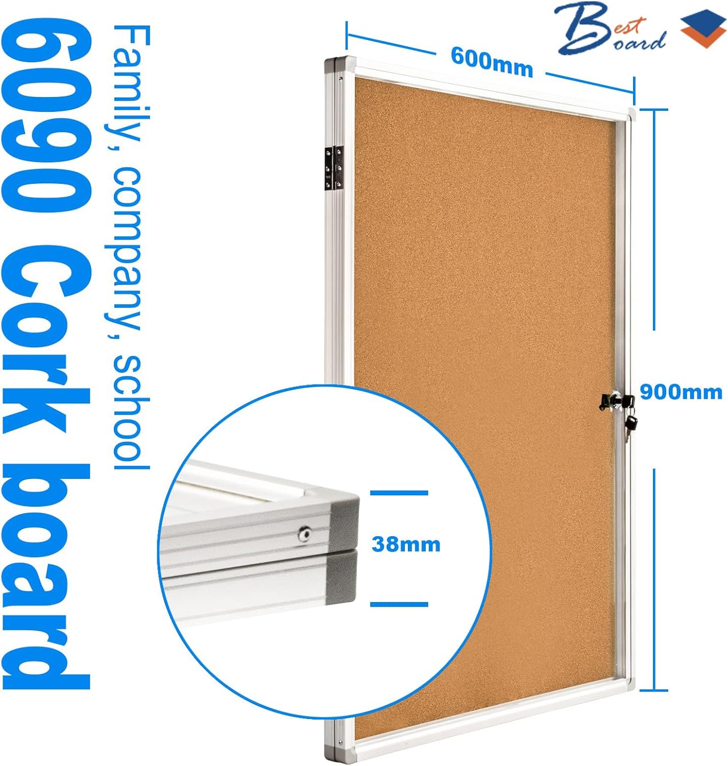 Pinboard Enclosed Bulletin Board 36 × 24 Inches Lockable Cork Noticeboard for School Office, Wall Display Case with Lock (Cork Board)