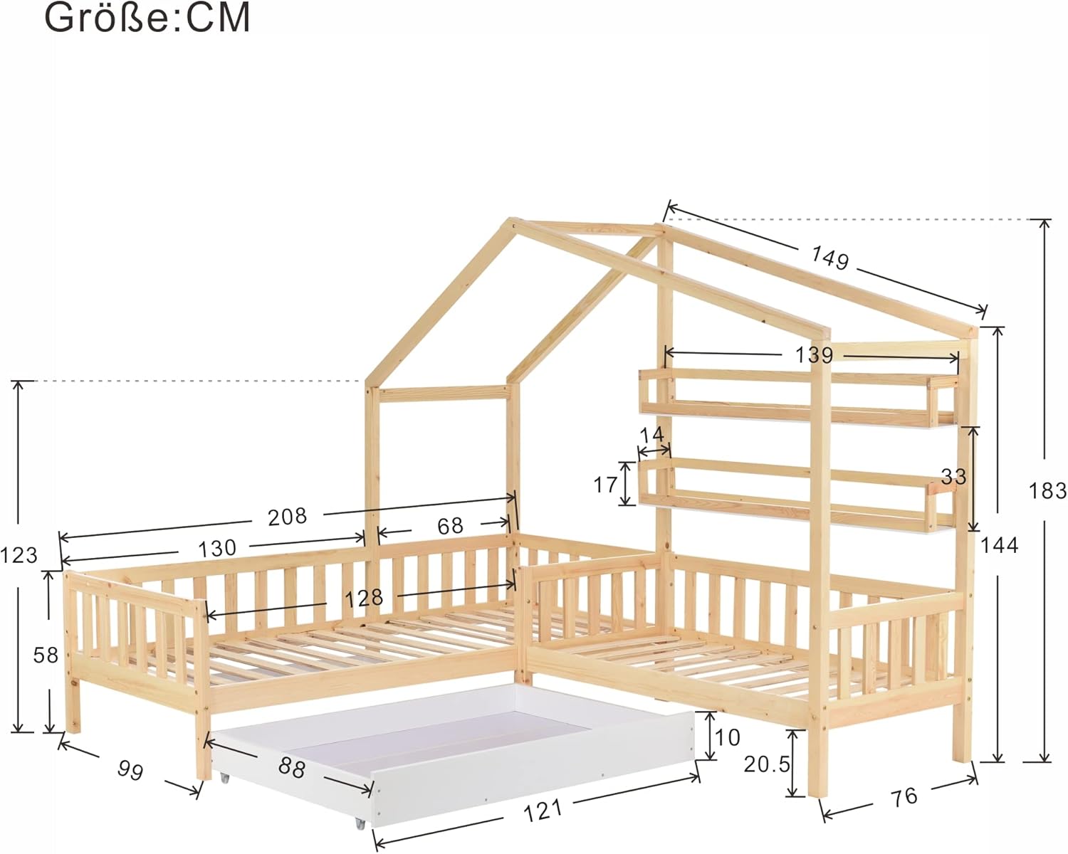 Detailed dimensions diagram of the Merax L-Shaped House Bed