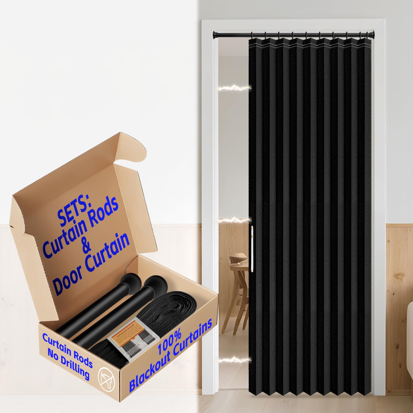 AJAZZ 100% Blackout Sliding Door Curtains for Doorways, Accordion Doors Magnetic Door Curtain for Bedroom Living Room Doorway Curtain Sets (1 Pack, 44