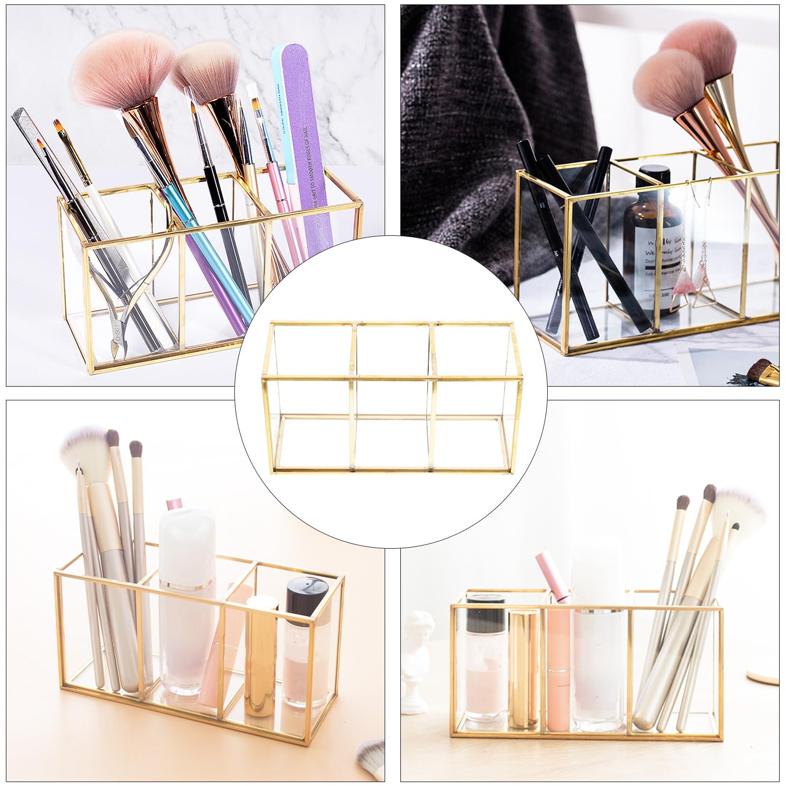SOLUSTRE Kosmetikaufbewahrungsbox mit Legierung in Gold Stabil und Leicht zu Reinigen Elegantes Design aus Glas für Make Up und Schmuck dem Schminktisch
