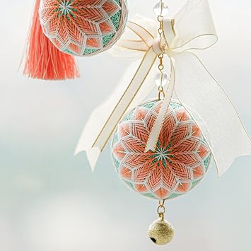 DIY Embroidery Kit Temari Ball Set with 45mm Round Ball, Cotton Threads, Tassels, Bowknot, Needles Assorted DIY Finding Tools for Art Crafts Bag Decor, Coral with Manual