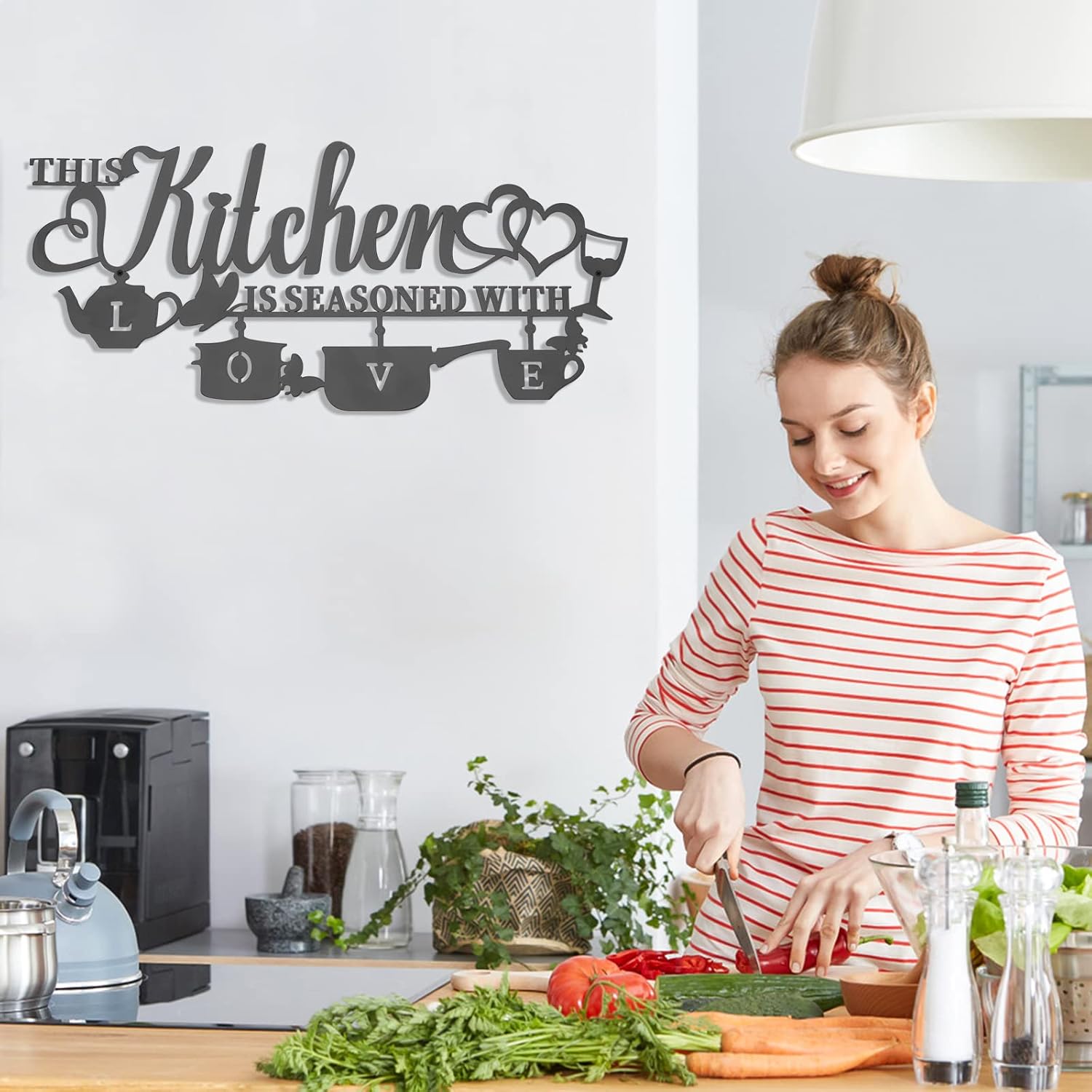 Metal Kitchen Wall Decor, This Kitchen is Seasoned with Love Black Word Name Sign Hanging Wall Art Decor, Rustic Iron Letters Quotes for Kitchen Farmhouse Dining Room Home Decor (A)