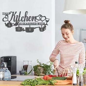 Metal Kitchen Wall Decor, This Kitchen is Seasoned with Love Black Word Name Sign Hanging Wall Art Decor, Rustic Iron Letters Quotes for Kitchen Farmhouse Dining Room Home Decor (A)