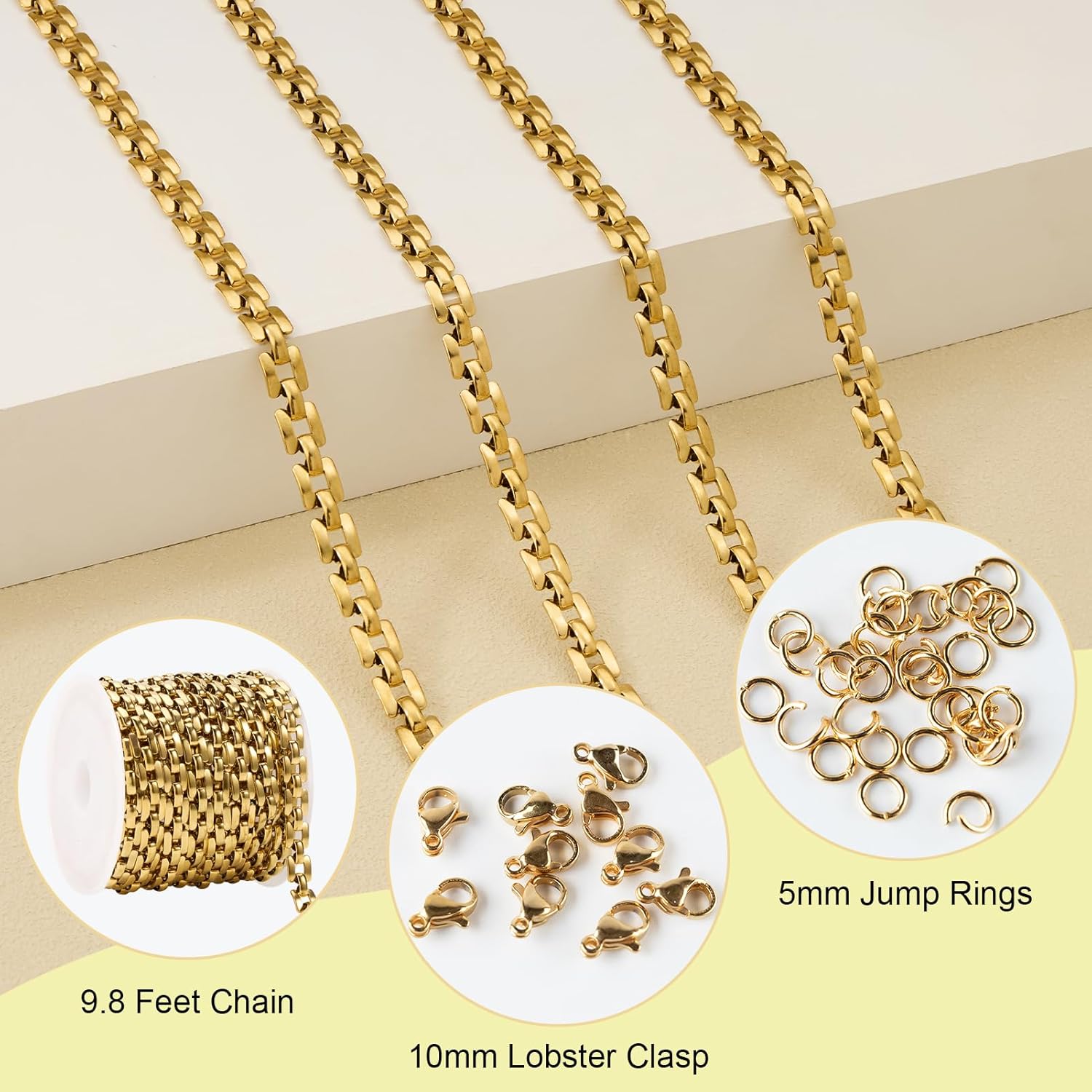 SMYHTGLIF 9.8 Feet Gold Chain for Jewelry Making Stainless Steel Chain Bulk Square Jewelry Making Findings