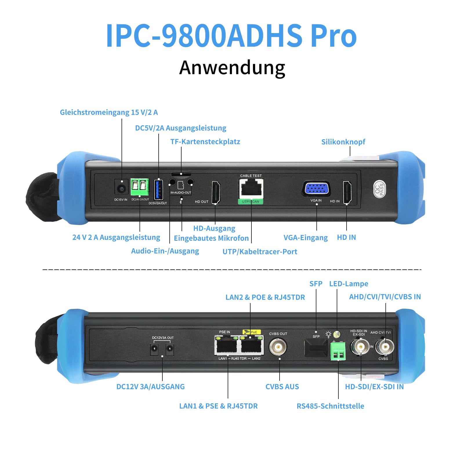 Henkion IPC-9800ADHS Pro CCTV-Kameratester 7-Zoll-IPS-Touchscreen-Monitor CCTV-Tester 8K IPC-Test und 4K 8MP HD-TVI CVI AHD SDI Kameratest IPC-Tester Netzwerk und Kabeltester POE SFP VGA WiFi RS485