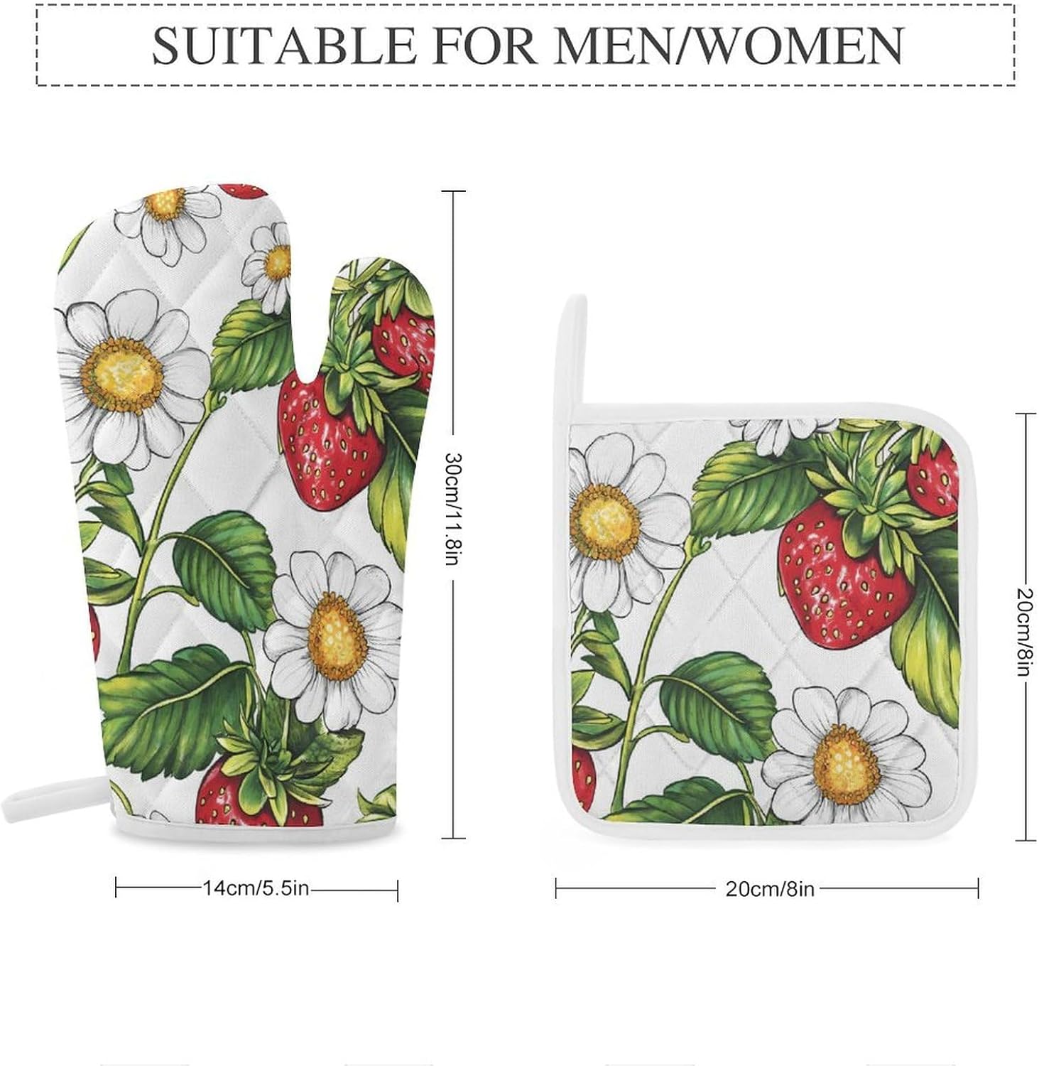 Strawberry Flowers and Leaves Oven Mitts and Pot Holders 4Pcs Set Heat Resistant Cooking Mitts Hot Pads