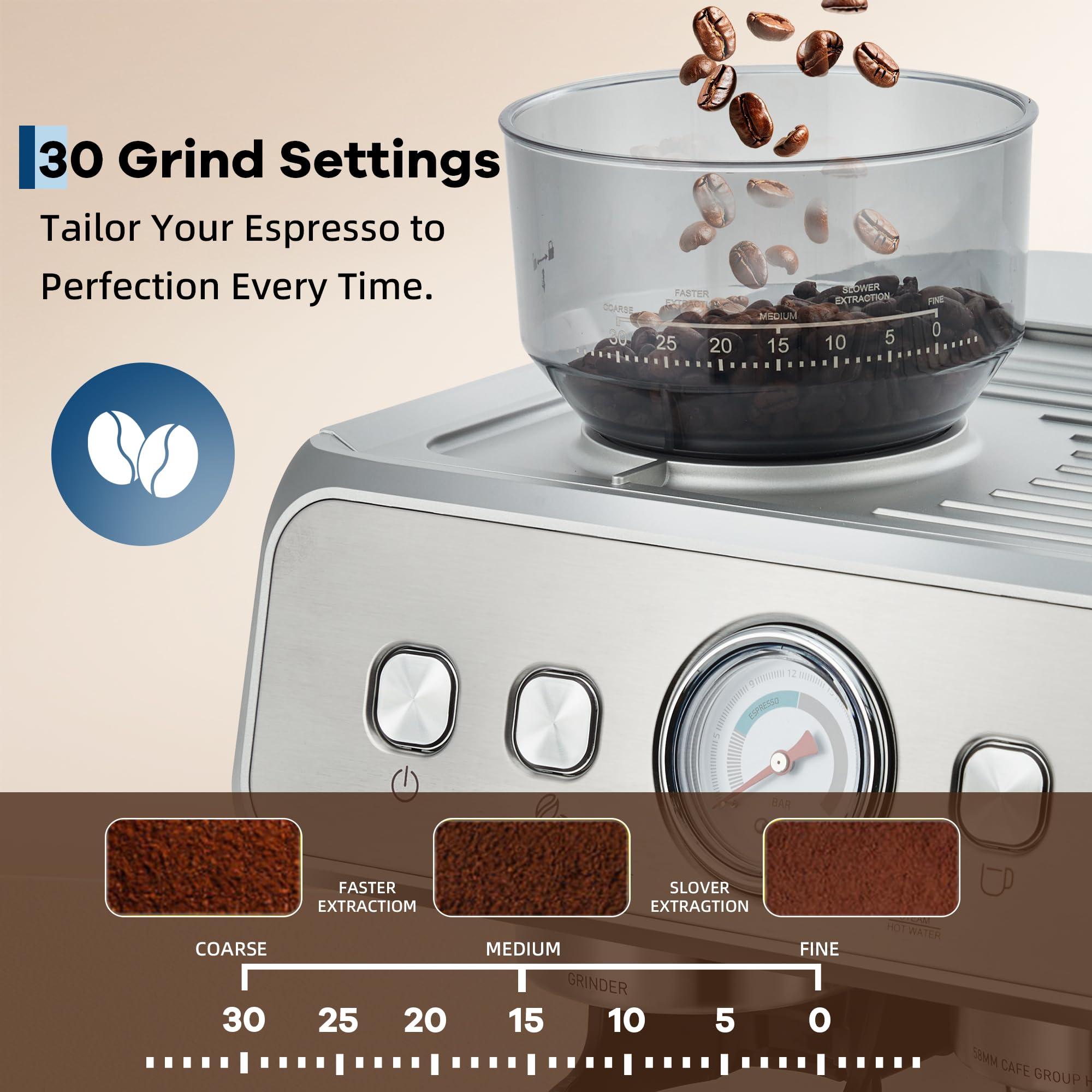Macchina per Espresso Semiautomatica in Acciaio Inox - 15 Bar con Macinacaffè Integrato e Schiumalatte, Serbatoio 1.2L Rimovibile, 30 Regolazioni di Macinatura