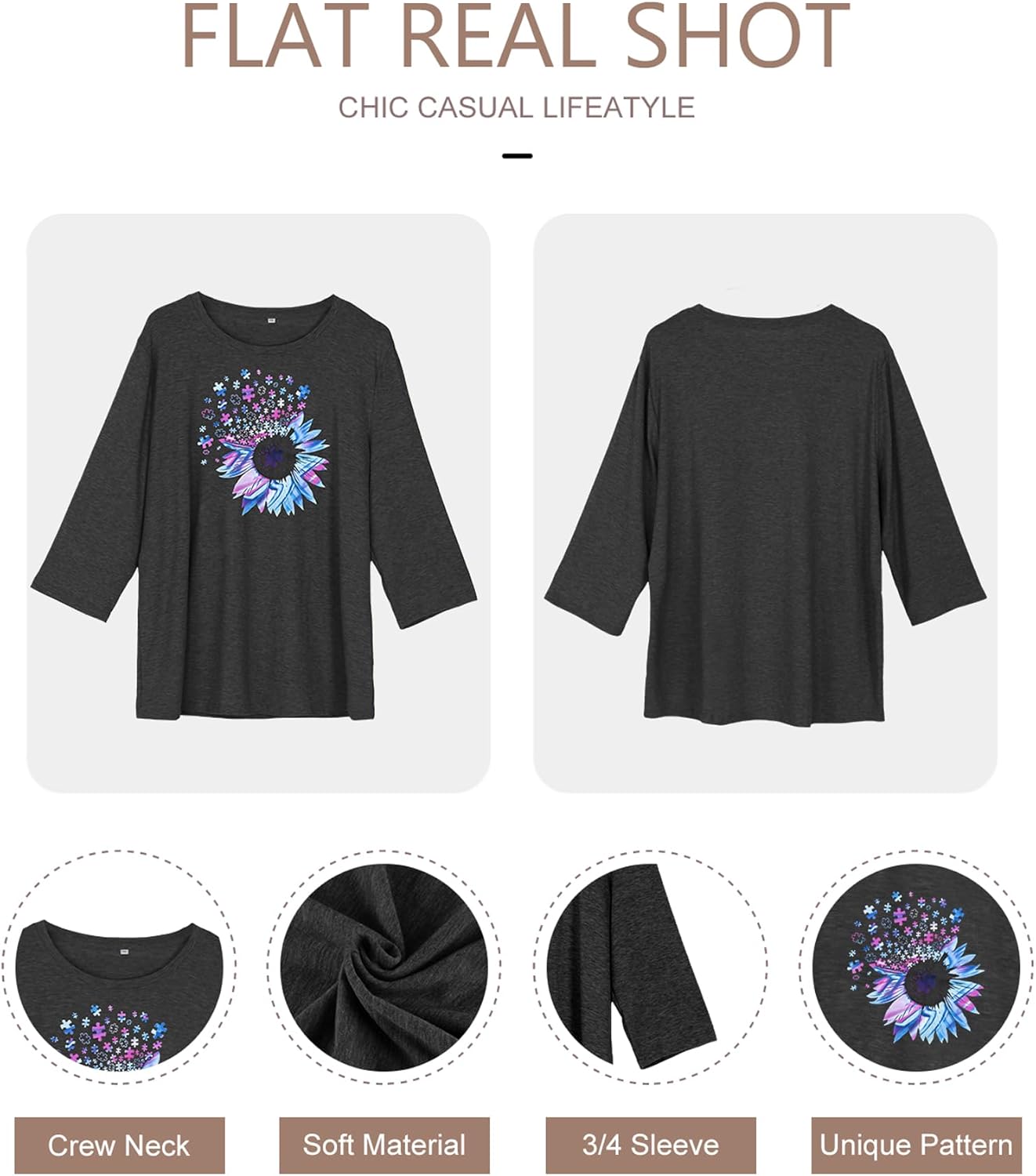 Chulianyouhuo Plus Size Tops for Women Cute Graphic Tees 3/4 Sleeve Flower Print Loose Fit Summer Casual T Shirts - Image 5