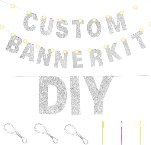Miniatura 3 de Kit de 112 pancartas personalizables con purpurina para bricolaje, incluye 107 letras y números, 3 cuerdas y 2 letras de luz, decoración