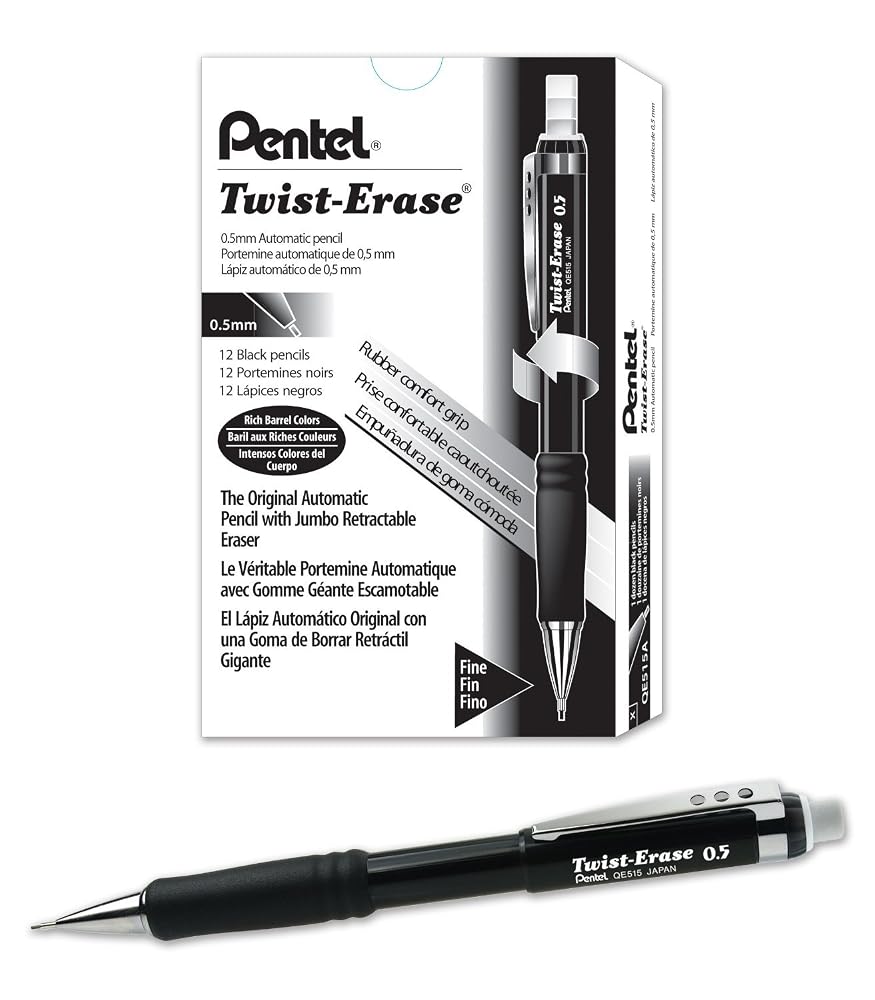 Pentel Twist-Erase III Mechanical Pencil, (0.5mm), Black Barrel, 12 Pack (QE515A)