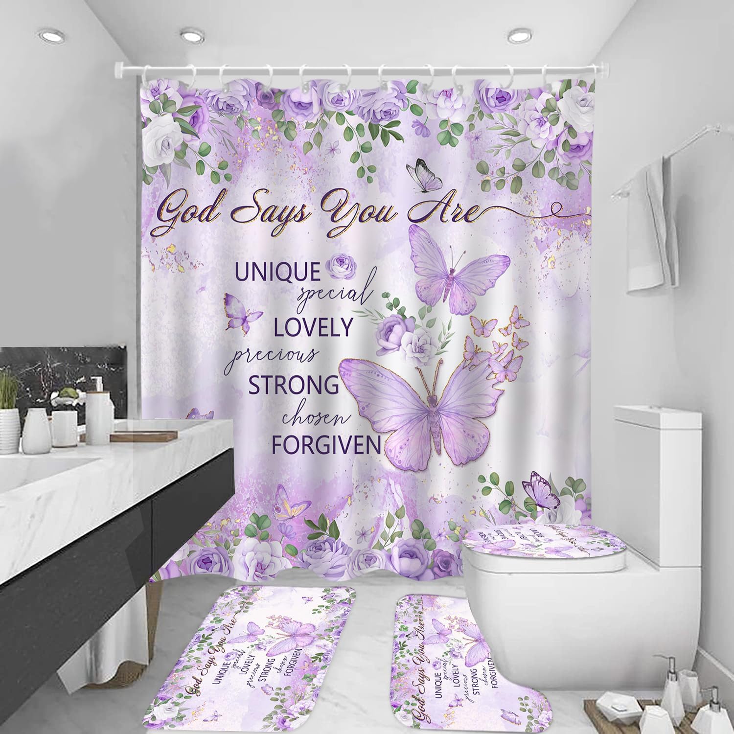 Mocsicka Purple Butterfly Shower Curtain Set for Bathroom, 4Pcs Butterfly Bathroom Sets with Non Slip Rugs, Toilet Lid Cover, Bath Mat, Shower Curtain, Bathroom Decor with 12 Hooks (Purple)
