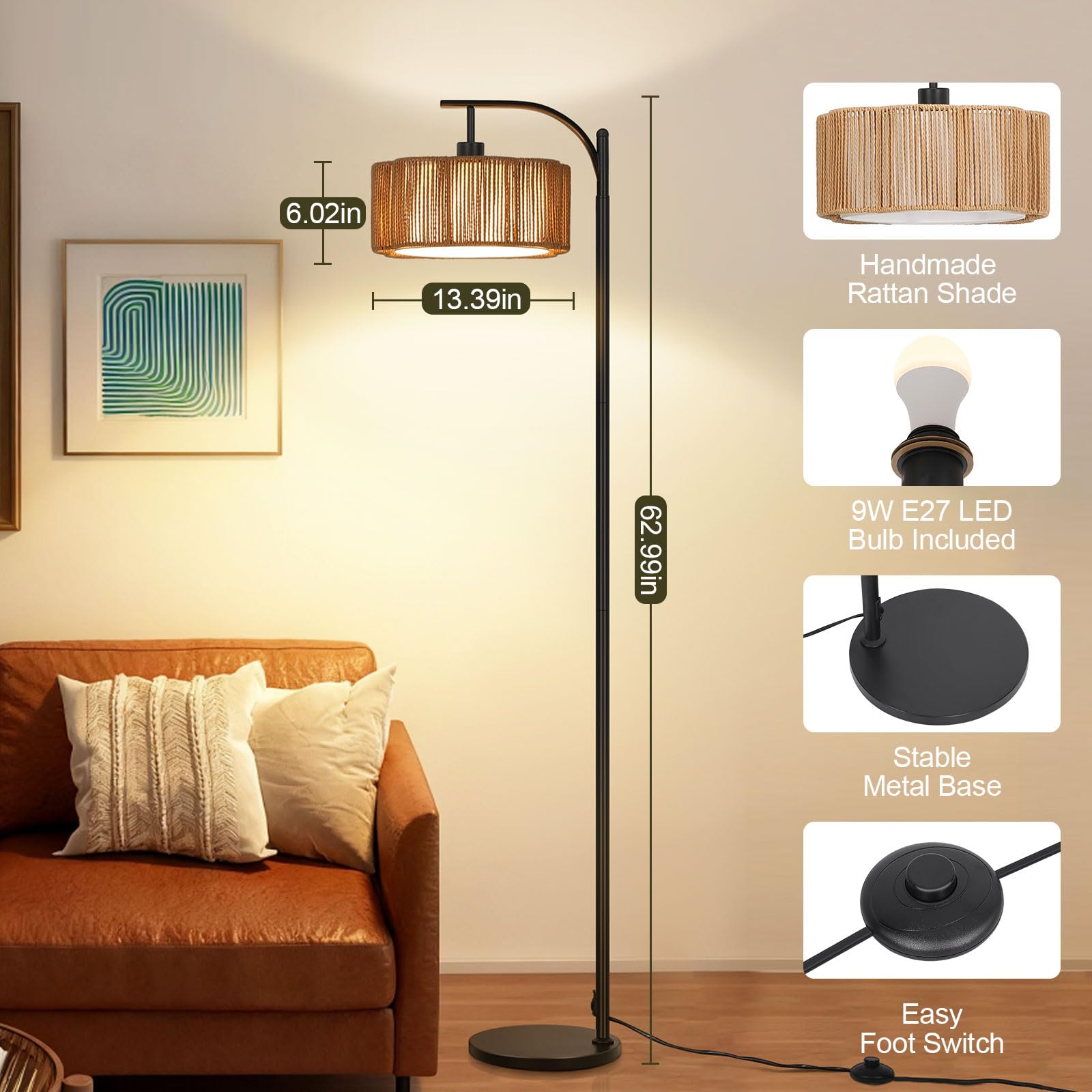 Lámpara de Pie RGB Regulable con APP y Mando a Distancia, Lámpara de Pie Inteligente Ratán Boho con Temporizador, Modo Música y DIY, Bombilla E27 Incluida, para Salón Dormitorio Oficina