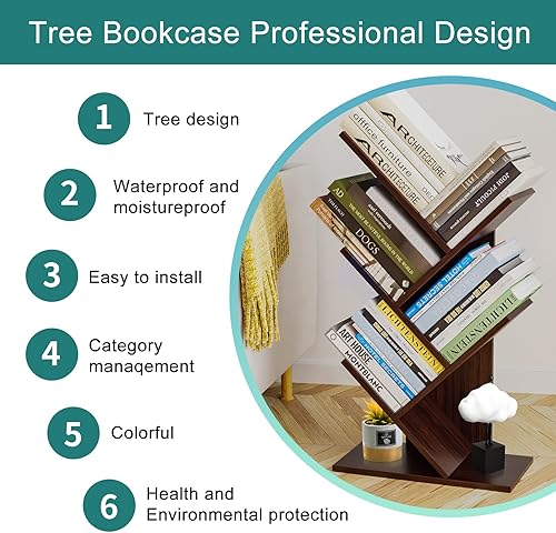 Miniatura 4 de Estantería de árbol de 5 niveles, organizador de almacenamiento de libros, estante de almacenamiento de madera para oficina, hogar, escuela, estante