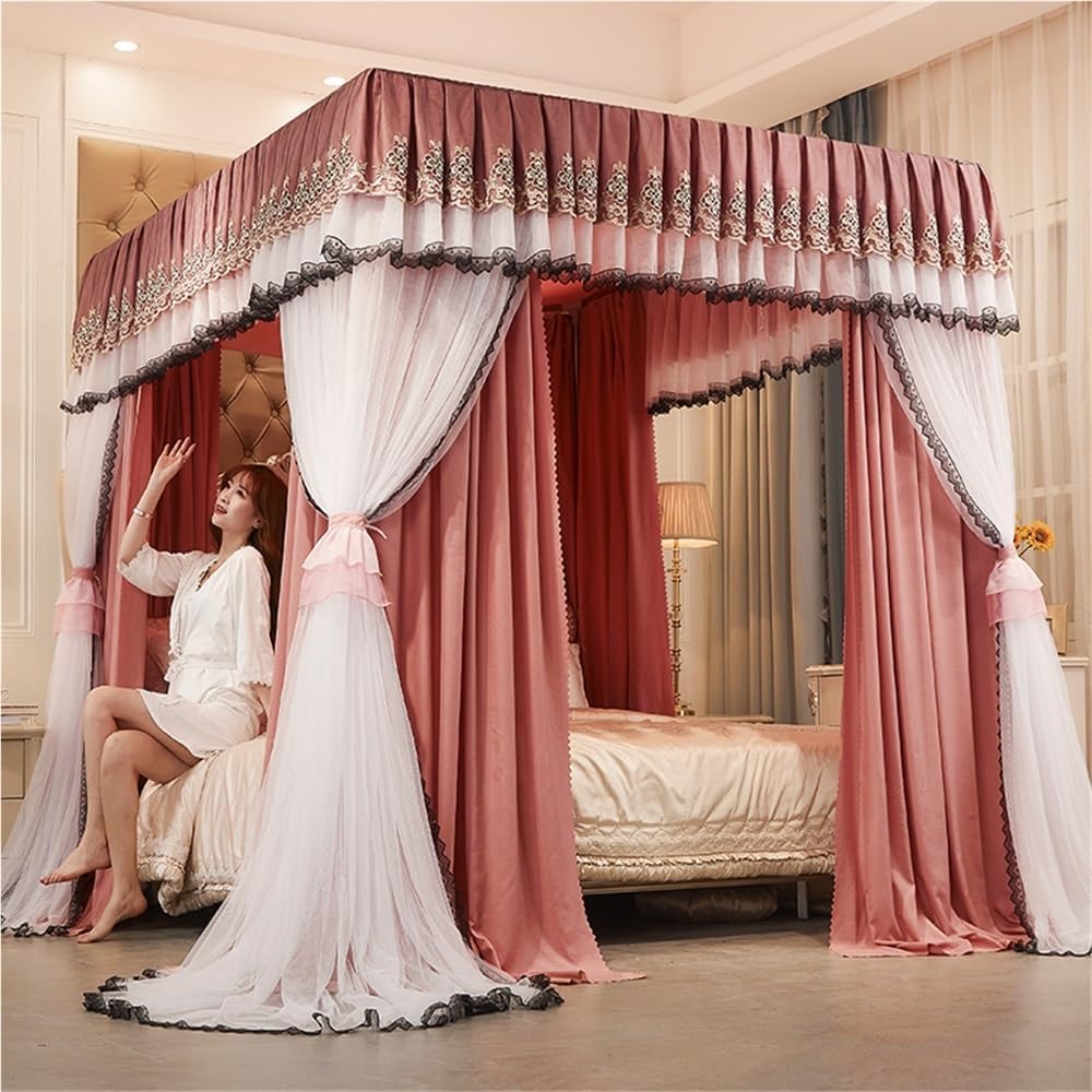 Pink Canopy Bed Curtains for Girls & Adults-Lace up Double Layer Cozy Drape Netting 4 Corner Post Bed Canopy Ruffle Princess Bed Canopy Curtain(Coupled Pink,150x200cm/Full)