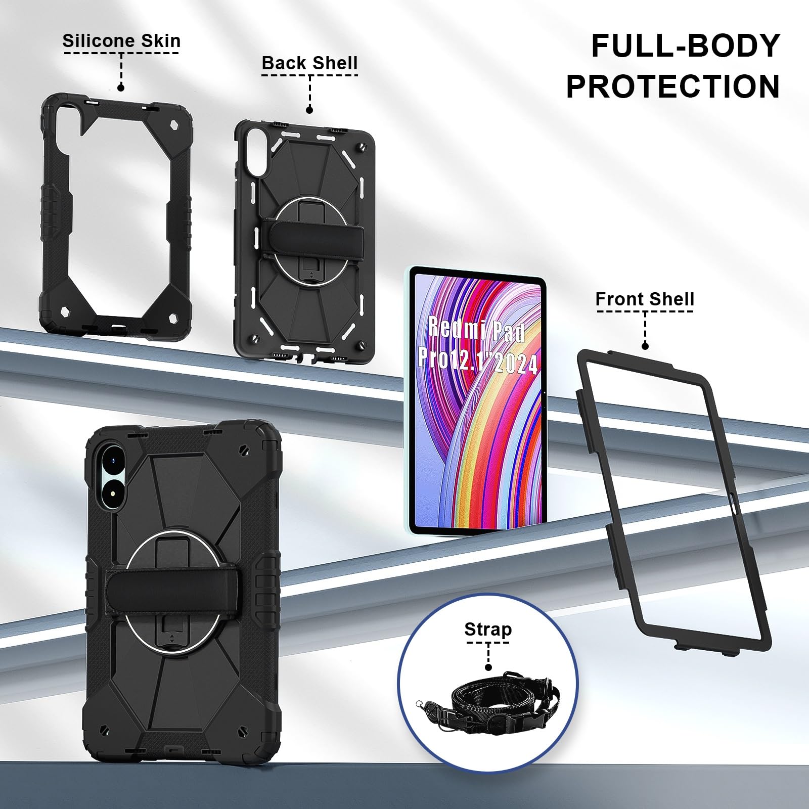 Kompatybilny z Xiaomi Poco Pad 12.1 2024/Redmi Pro Etui dla dzieci odporne na wstrząsy, [podpórka] [pasek ramię] Obrotowy o 360 stopni pasek rękę Uchwyt stojaka Wytrzymała, solidna obudowa(Noir)