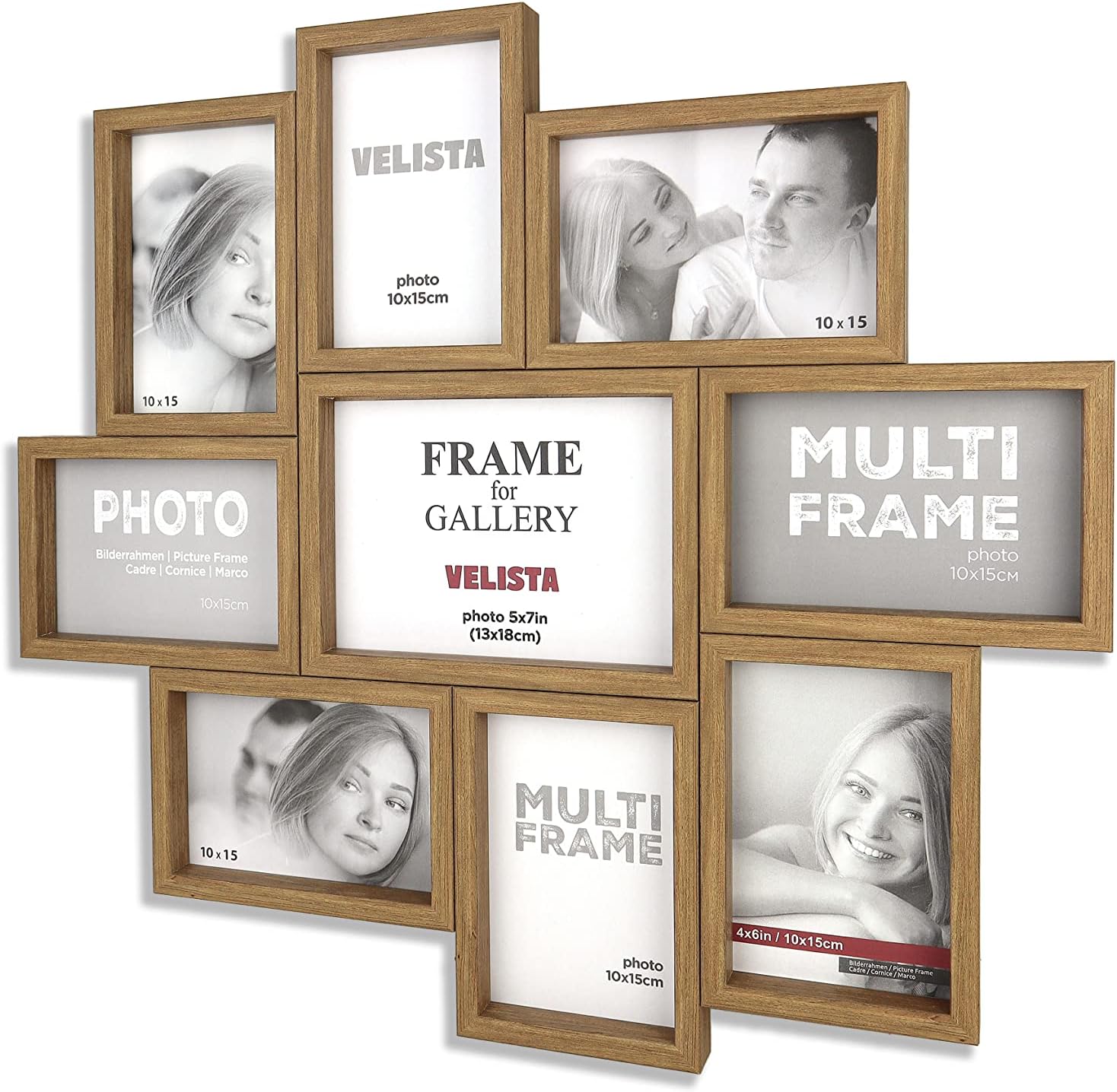 VELISTA 9 Opening Family Picture Frame Collage for Wall Décor – Farmhouse Rustic Multi Photo Frame Made of Engineered Wood with Plexiglass Front (Walnut)