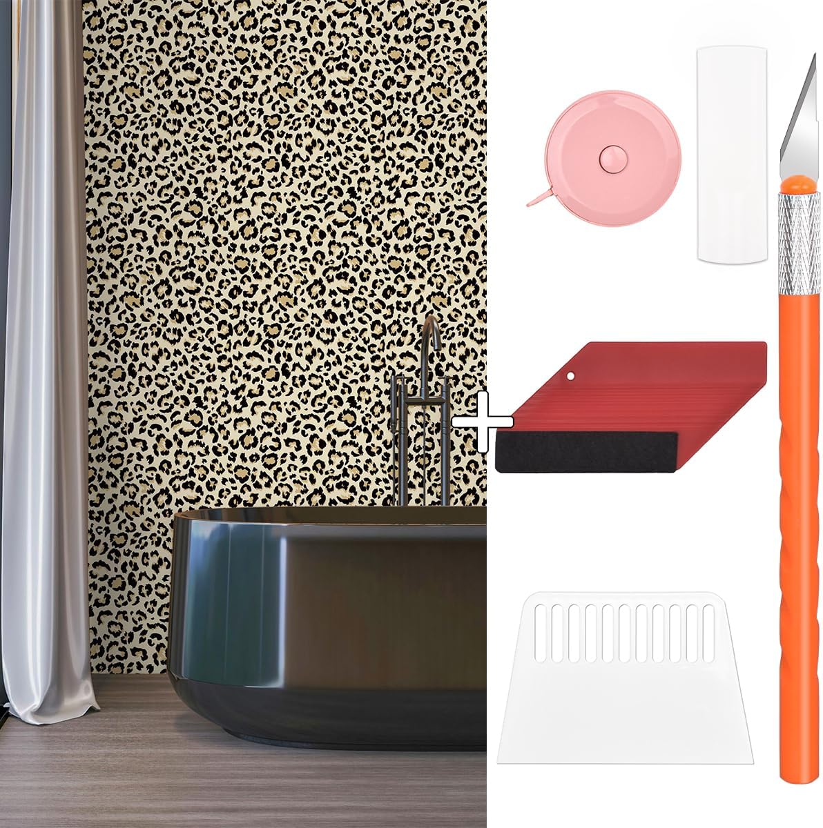 Naphite Bundle & Save 393in17.3in Brown Leopard Wallpaper +Smoothing Tool Kit