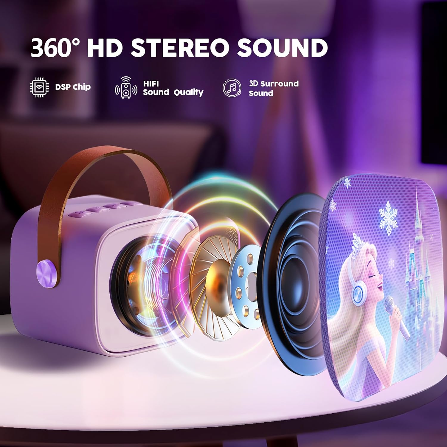 Kids Karaoke Machine for Kids Frozen Toys for Girl Gift, Mini Karaoke Machine With 2 Wireless Microphones Ages 3,4,5,6,7,8,9,10,11,12+ Year, Microphone for Kids Christmas or Birthday Toy Gift (Purple) - Image 3