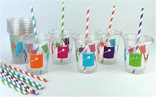 Paint Party Supplies Plastic Disposable Cup Set with Lids & Straws, Set of 12