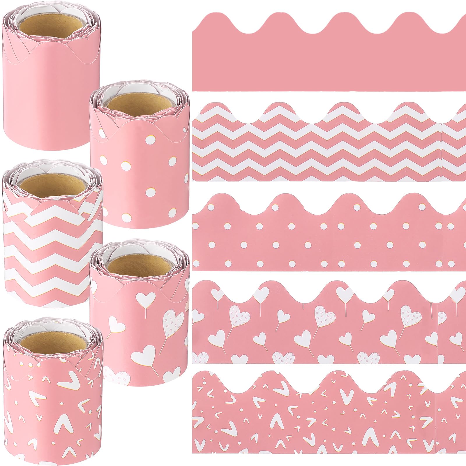 Photo 1 of 10 Rolls 164 ft Valentine's Day Scalloped Bulletin Board Borders 5 Styles Rolled Bulletin Board Decorations Border Trim Scalloped Classroom Borders for Bulletin Board, White Board(Pink)